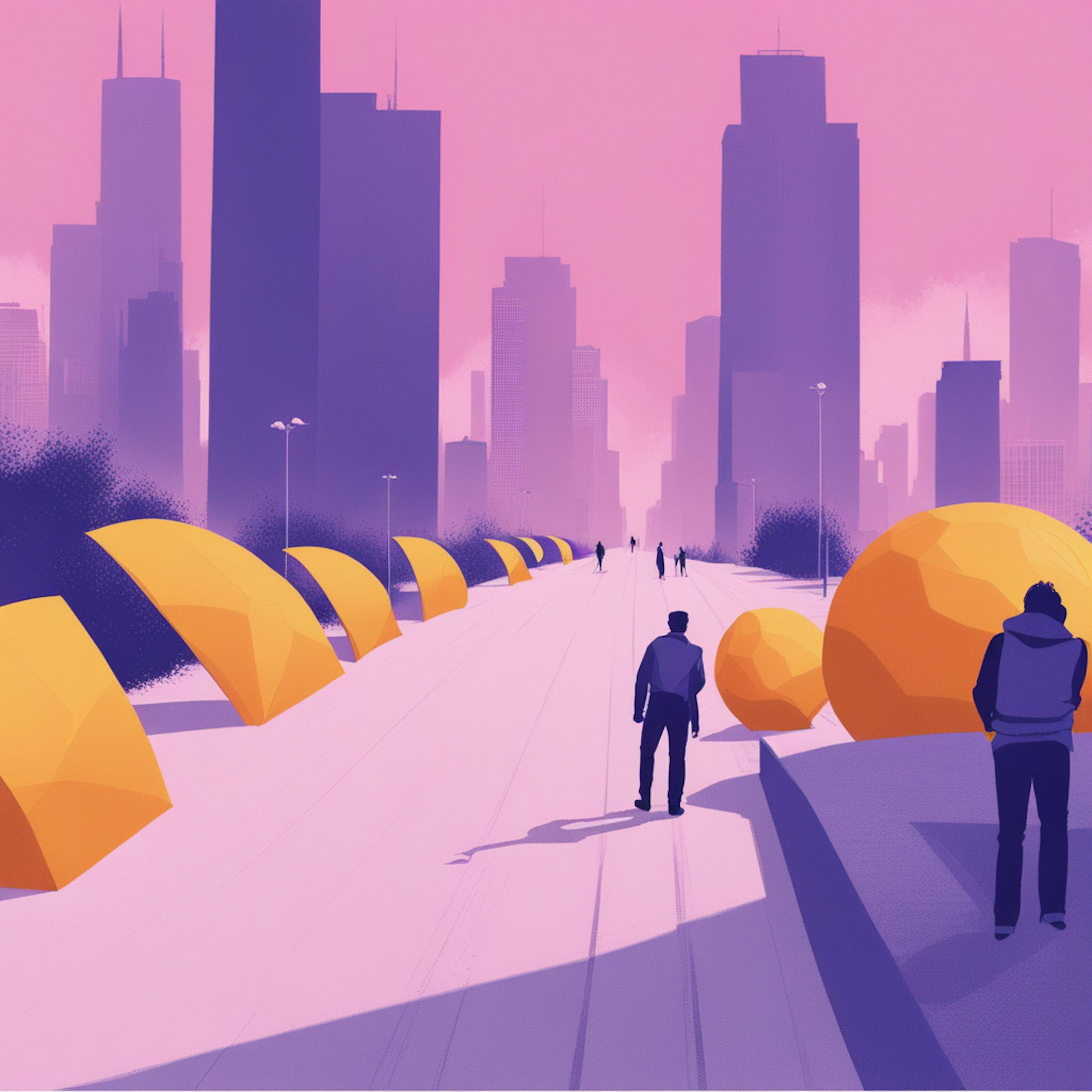 A surreal cityscape with towering buildings in the background, a pink sky, and geometric orange elements lining a pathway. Highlights creative visualization techniques for managing PPC campaigns with effective urban audience outreach.