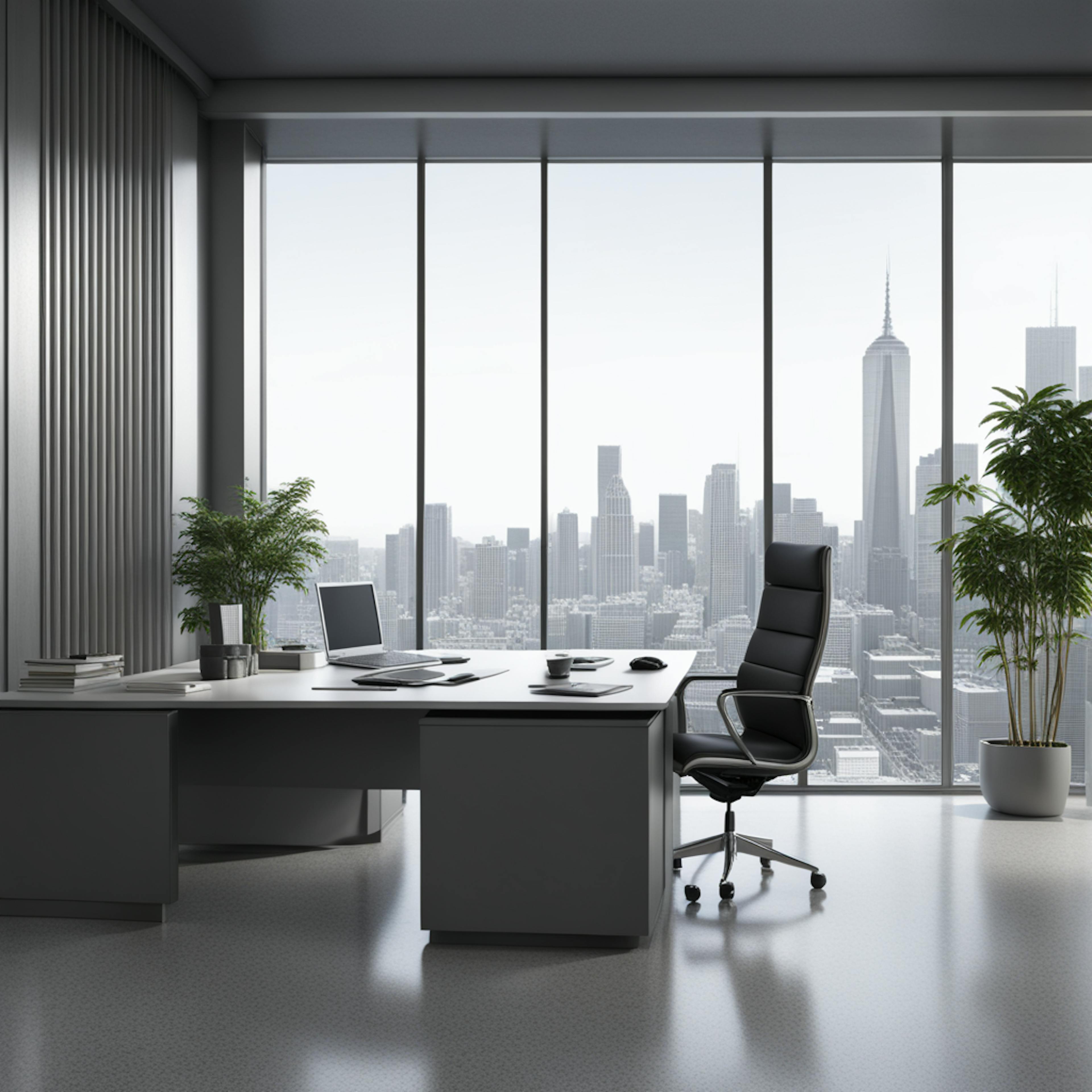 A sleek, modern office with a large desk and a high-back chair overlooking a city skyline, symbolizing strategic planning and efficiency in the "marketing mix."