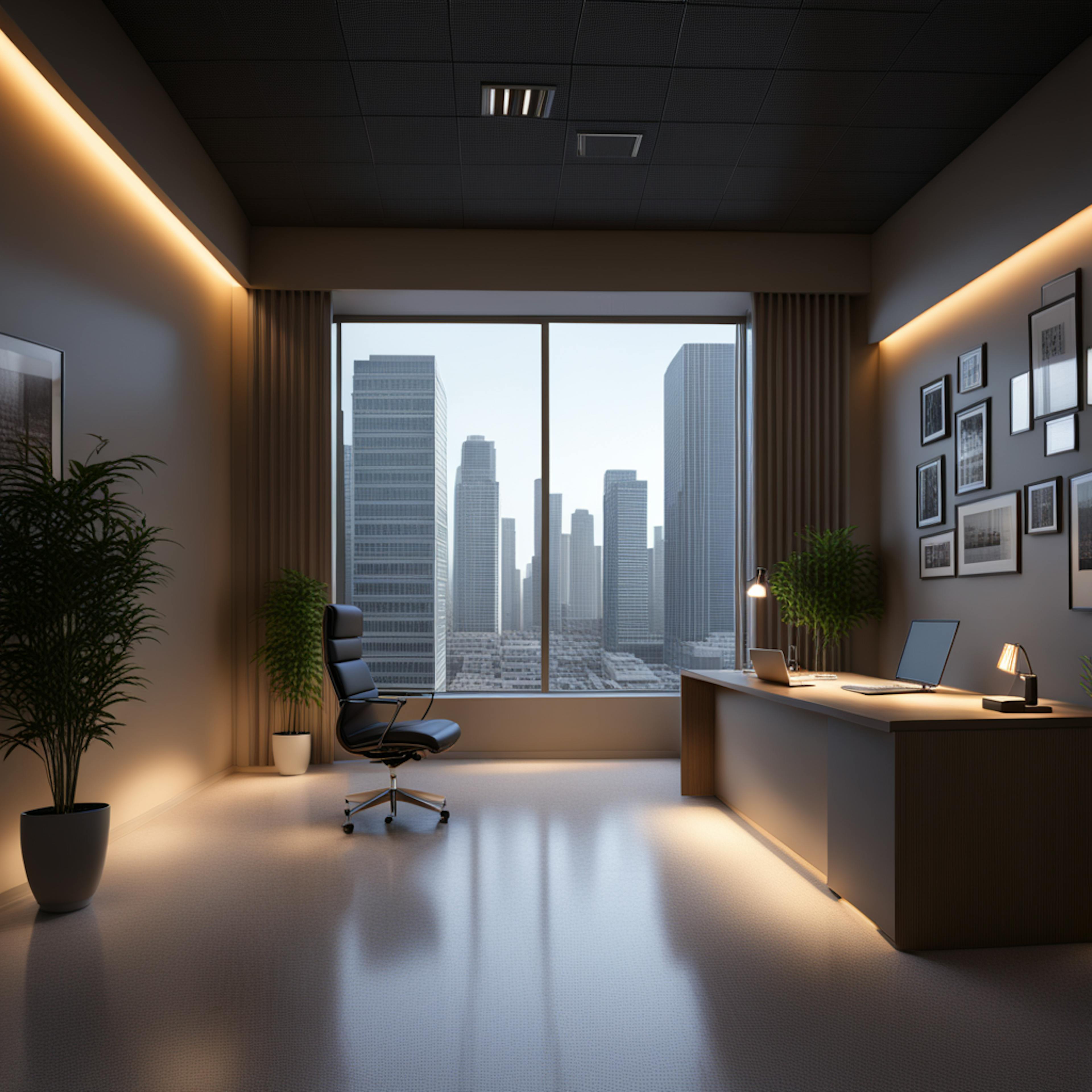 A cozy office with warm lighting, showcasing a desk and chair with a view of skyscrapers, representing creativity and adaptability within the "marketing mix."