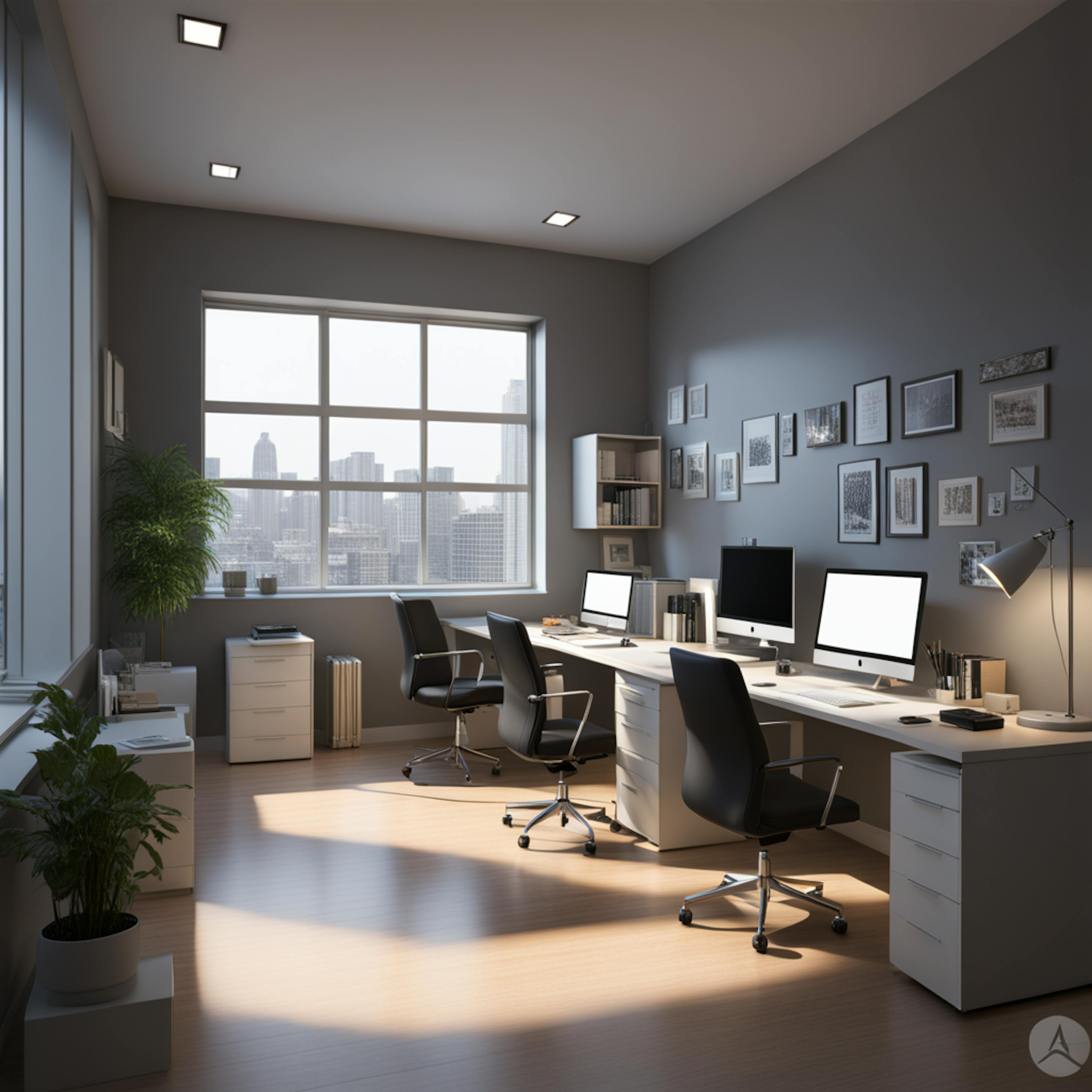 A collaborative workspace featuring multiple desks and chairs, with ample natural light and cityscape views, highlighting teamwork and integration in the "marketing mix."