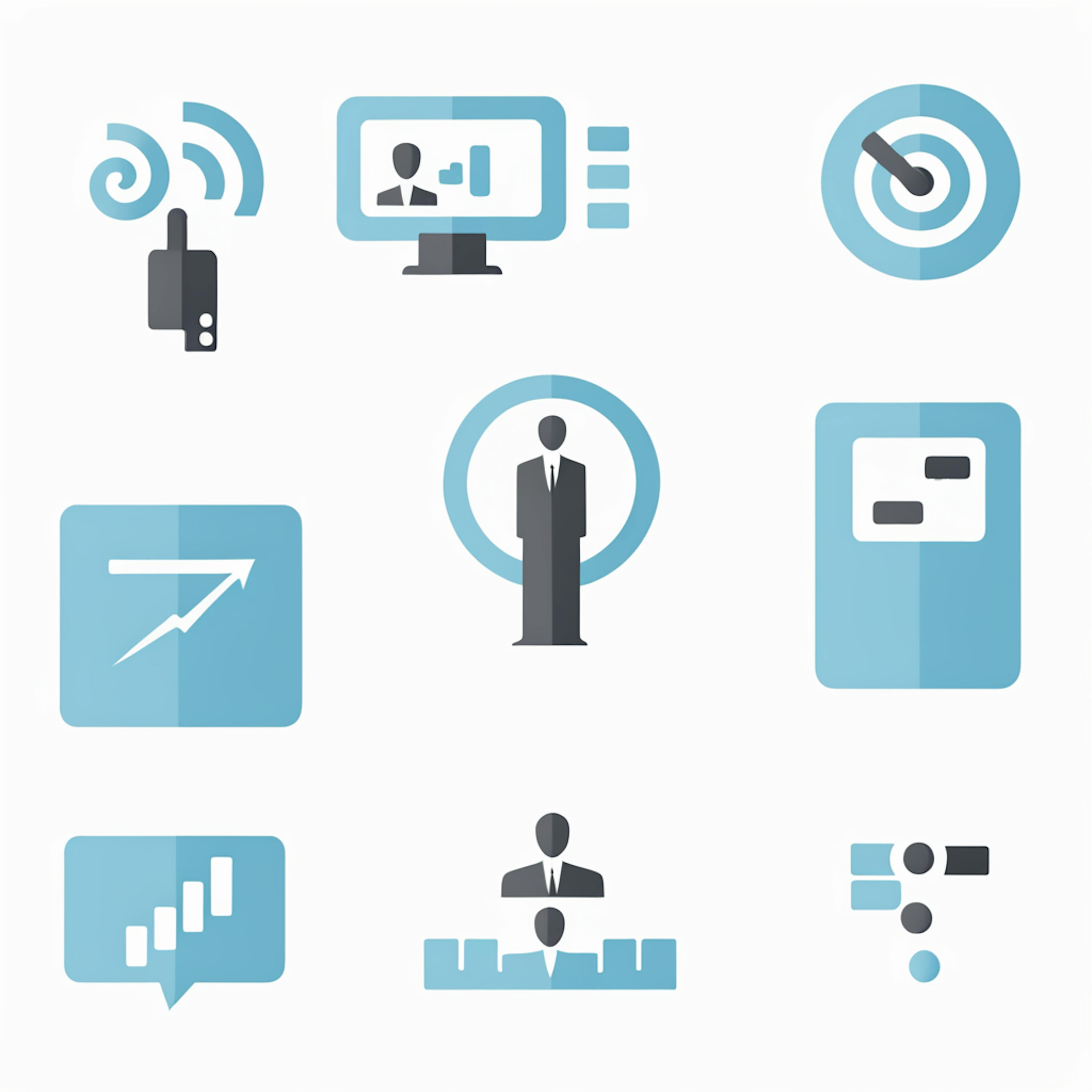 A collection of sleek and modern marketing research icons in a cool blue-gray palette, representing data communication, target analysis, and market trends.