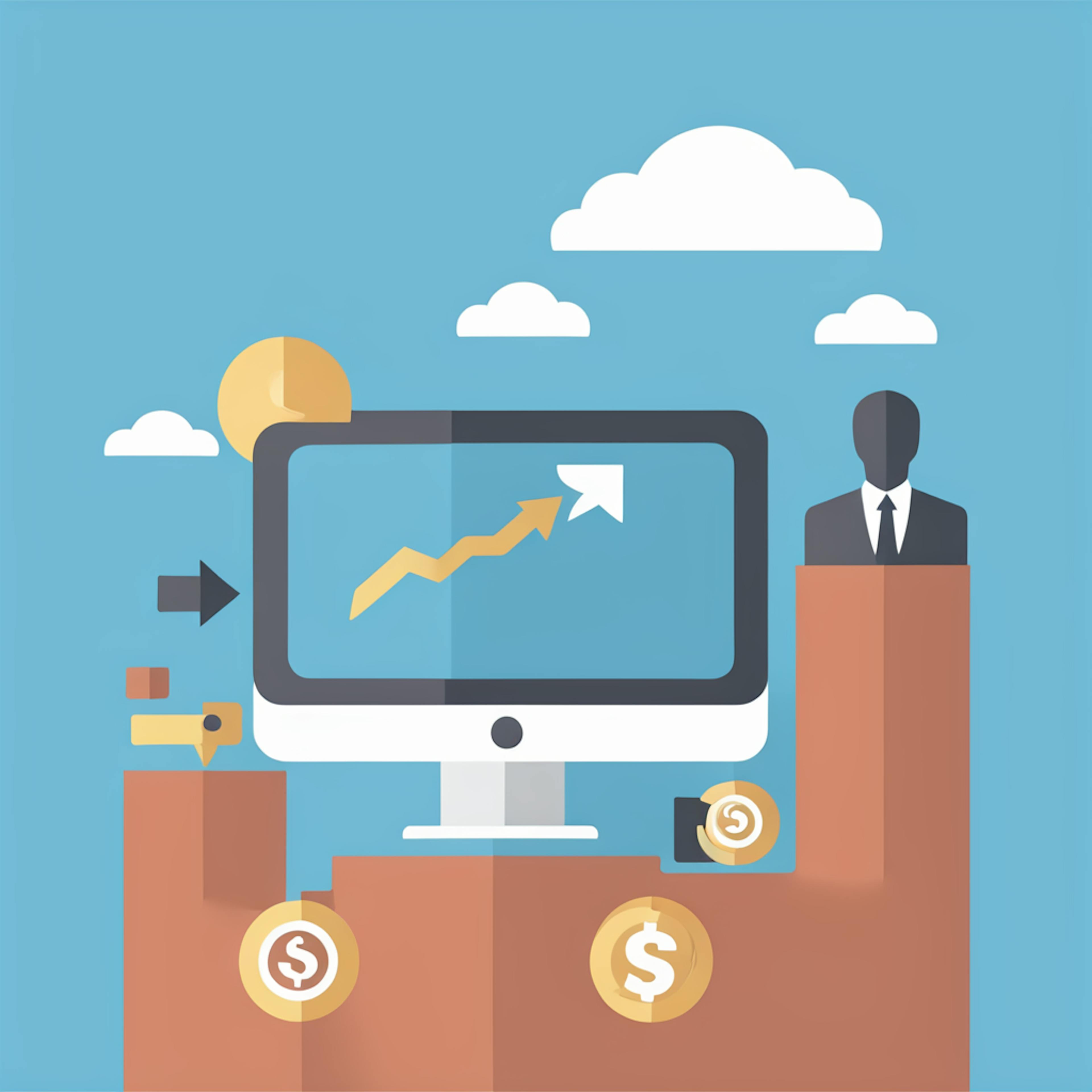 A digital marketing research concept featuring a computer monitor with an upward graph, financial symbols, and a business figure, emphasizing success and market analytics.