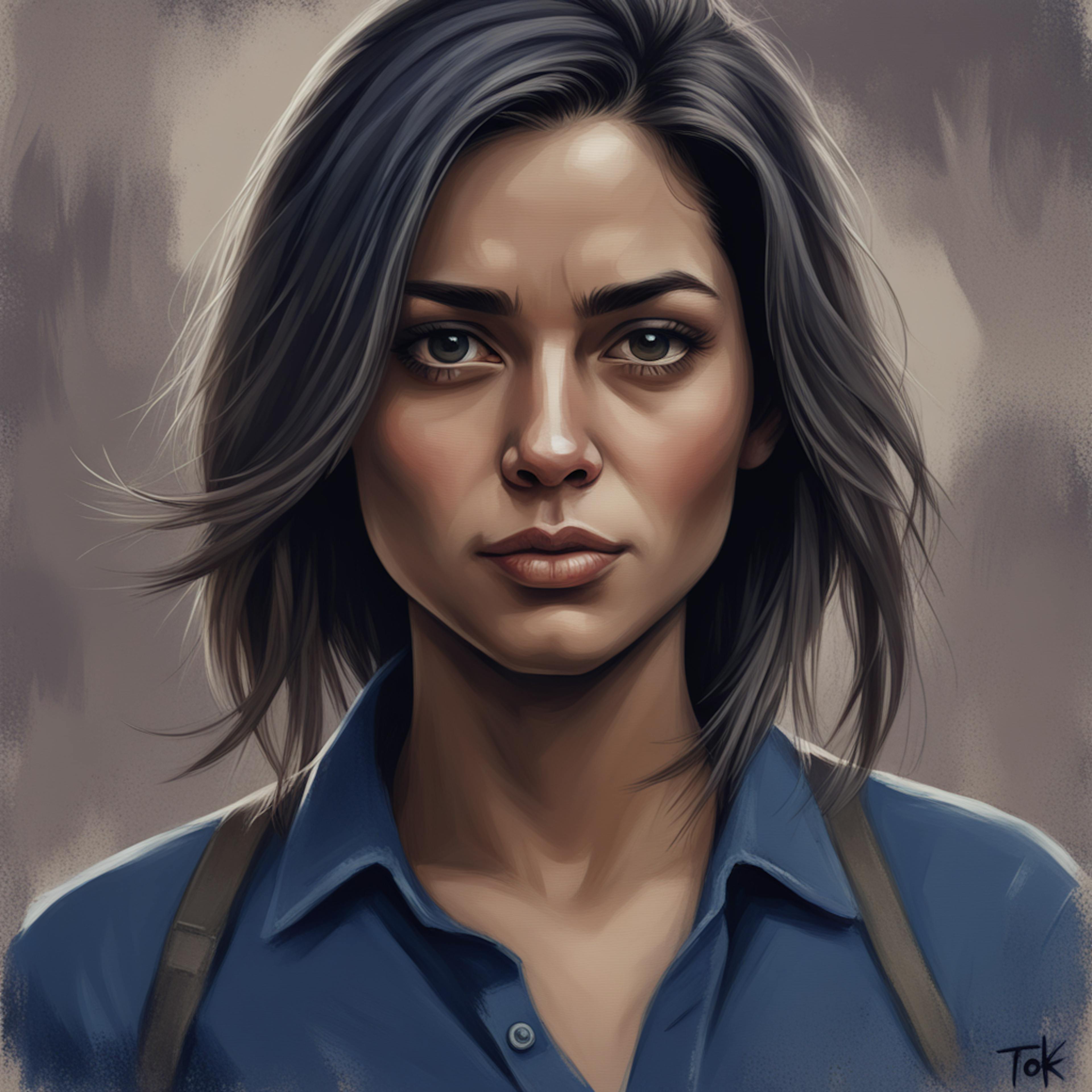 A digitally painted creative illustration of a woman with striking features, wearing a blue shirt and carrying a serious expression. Ideal for portraying modern and confident character designs in digital art.