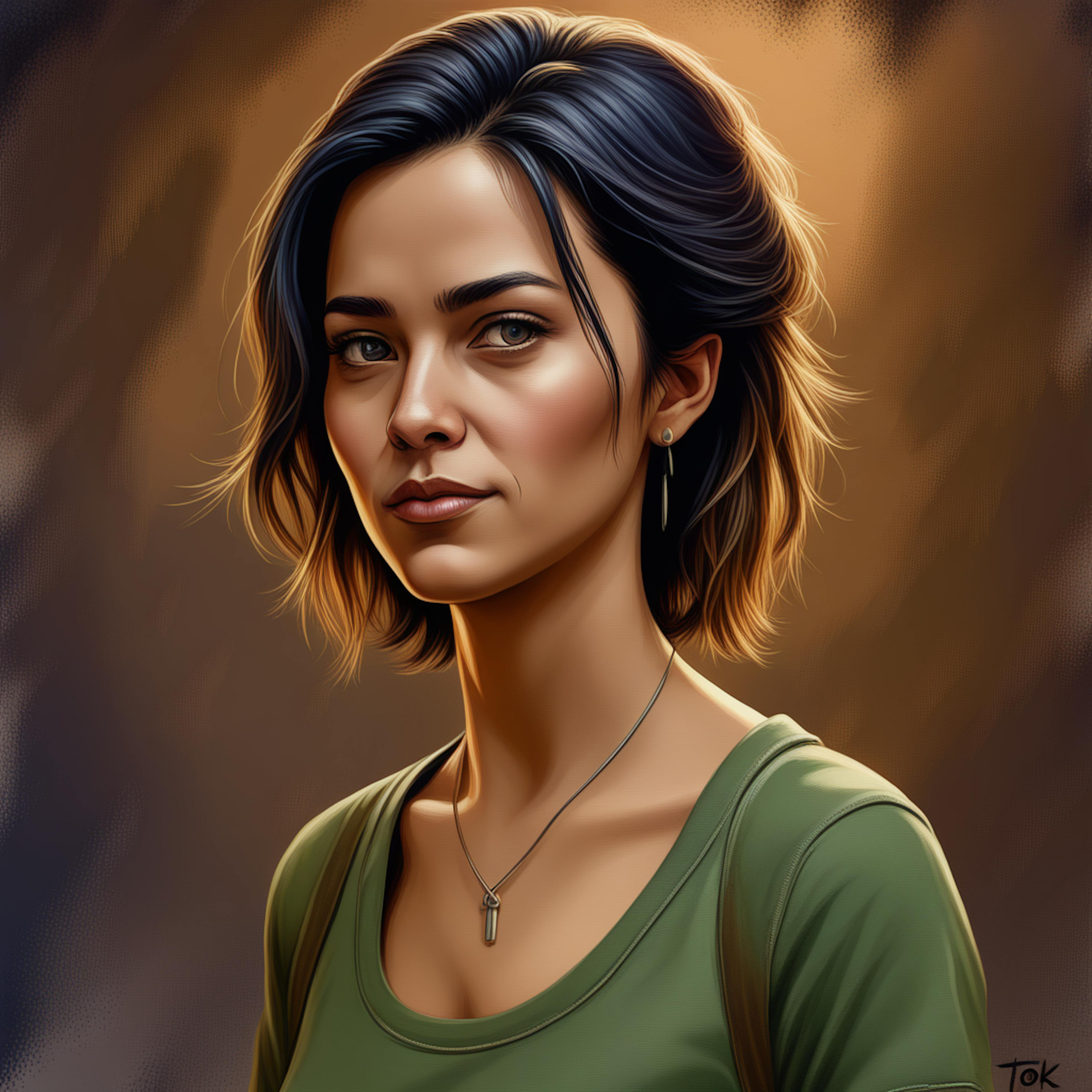 A creative illustration of a woman with short, dark hair wearing a green shirt and necklace, set against a warm, glowing background. Captures a blend of elegance and strength in artistic character depiction.