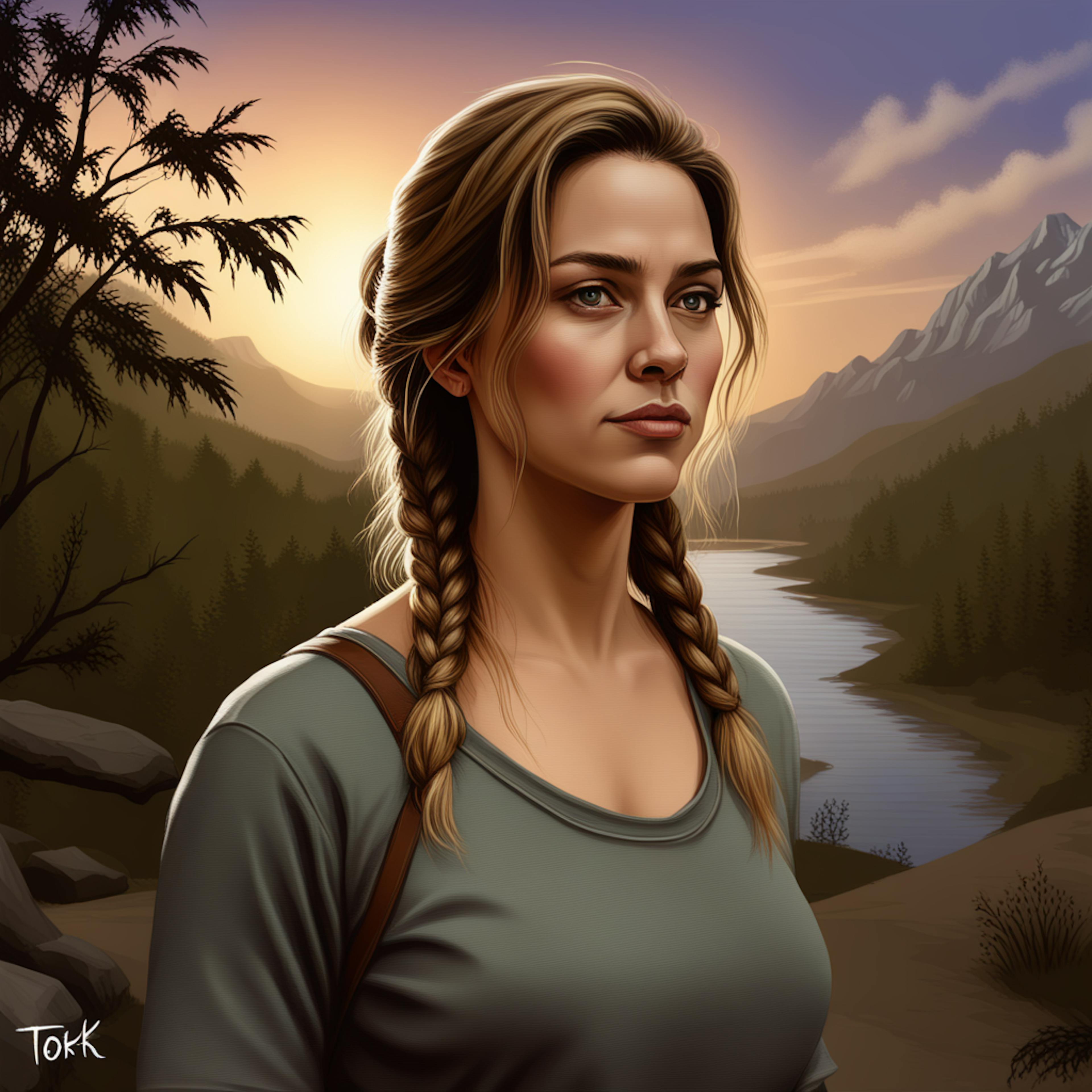 A creative illustration of a woman with blonde braids standing in a serene landscape at sunset, with mountains and a river in the background. Highlights nature-inspired character design in digital artwork