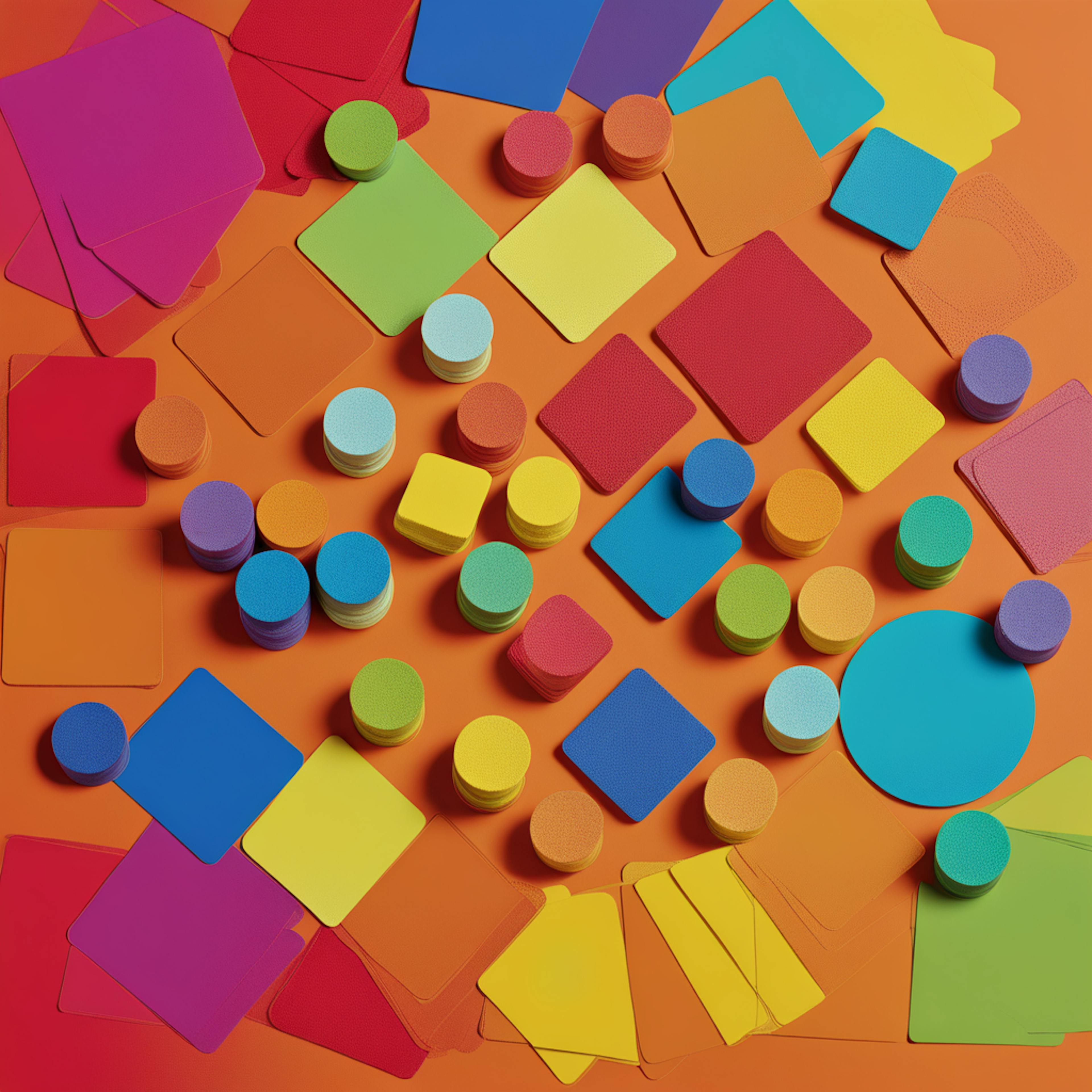 An assortment of colorful discs and geometric shapes spread across an orange background. The vivid arrangement conveys energy and innovation, reflecting trends in the creative market.