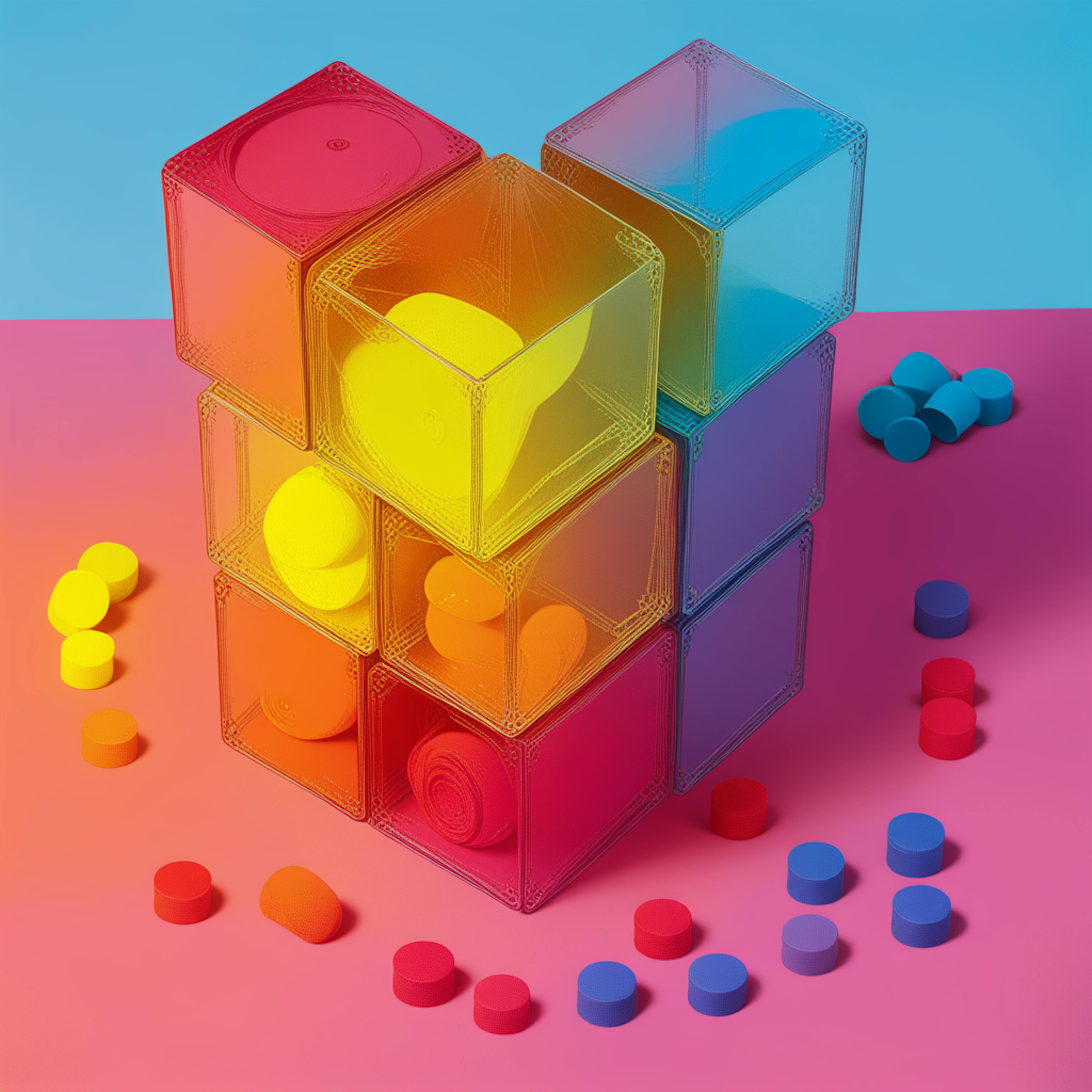 A vibrant stack of transparent, colorful cubes containing various shapes, surrounded by scattered colorful discs on a two-tone gradient background. Represents innovative concepts and design in the creative market.