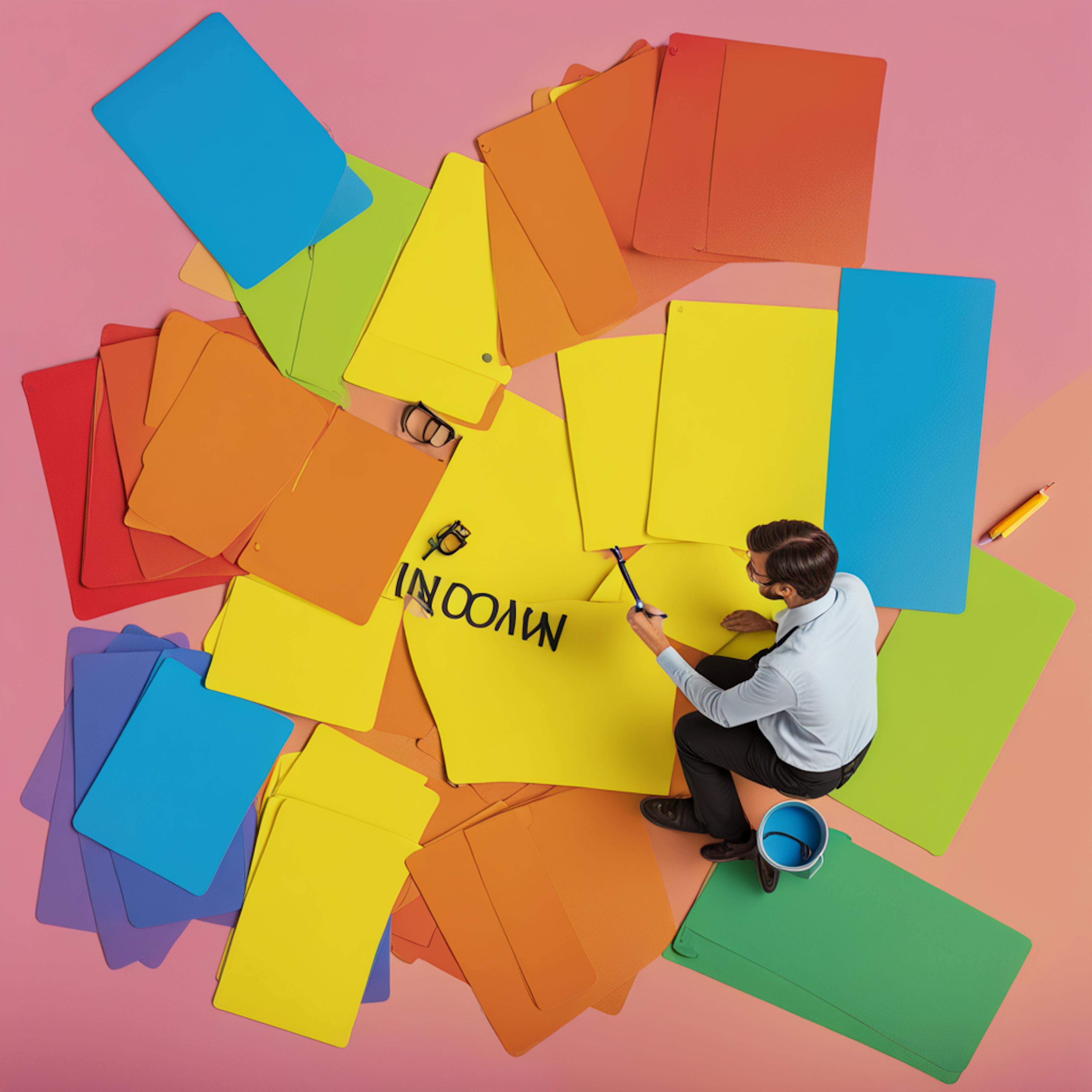 A person arranging large colorful cards on a pink surface, holding a marker while surrounded by a bucket and tools. This dynamic setup symbolizes creativity and brainstorming in the creative market.