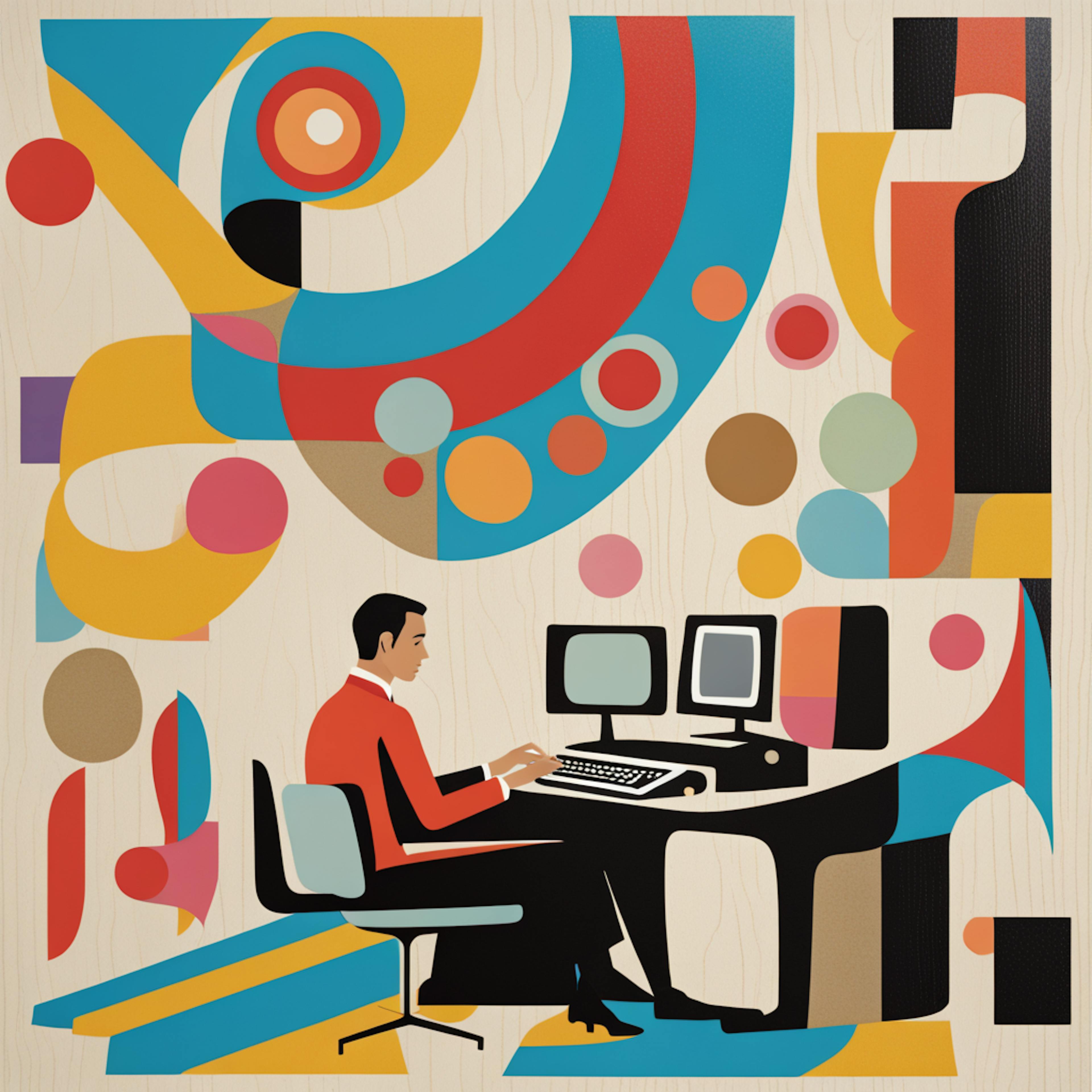 An artistic depiction of a man at a desk with dual monitors, framed by dynamic swirling shapes and vibrant geometric designs. Highlights the concept of creative optimization in a professional setting.