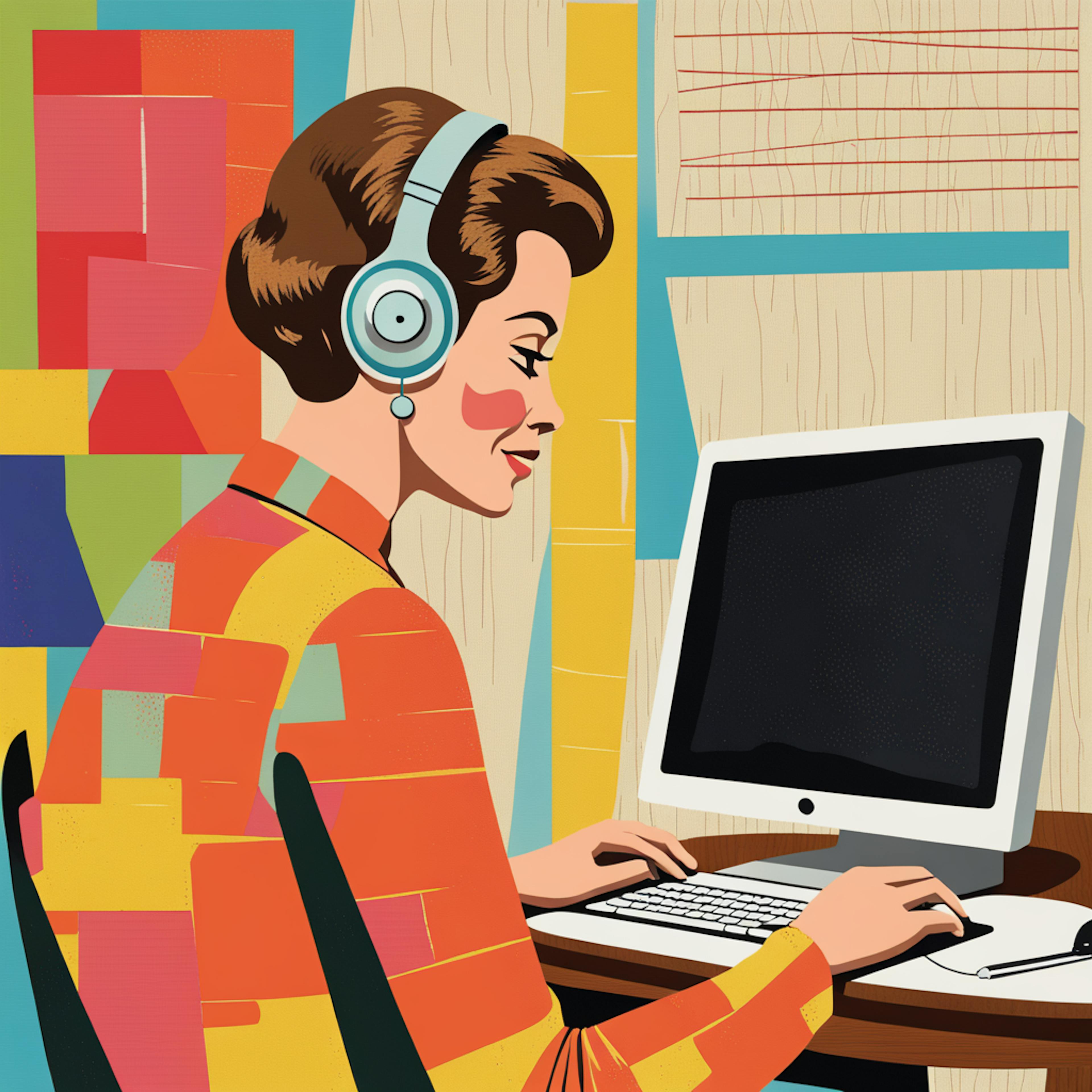 A vibrant illustration of a woman wearing headphones and working at a computer, surrounded by colorful abstract patterns. Represents creative optimization in a digital workspace