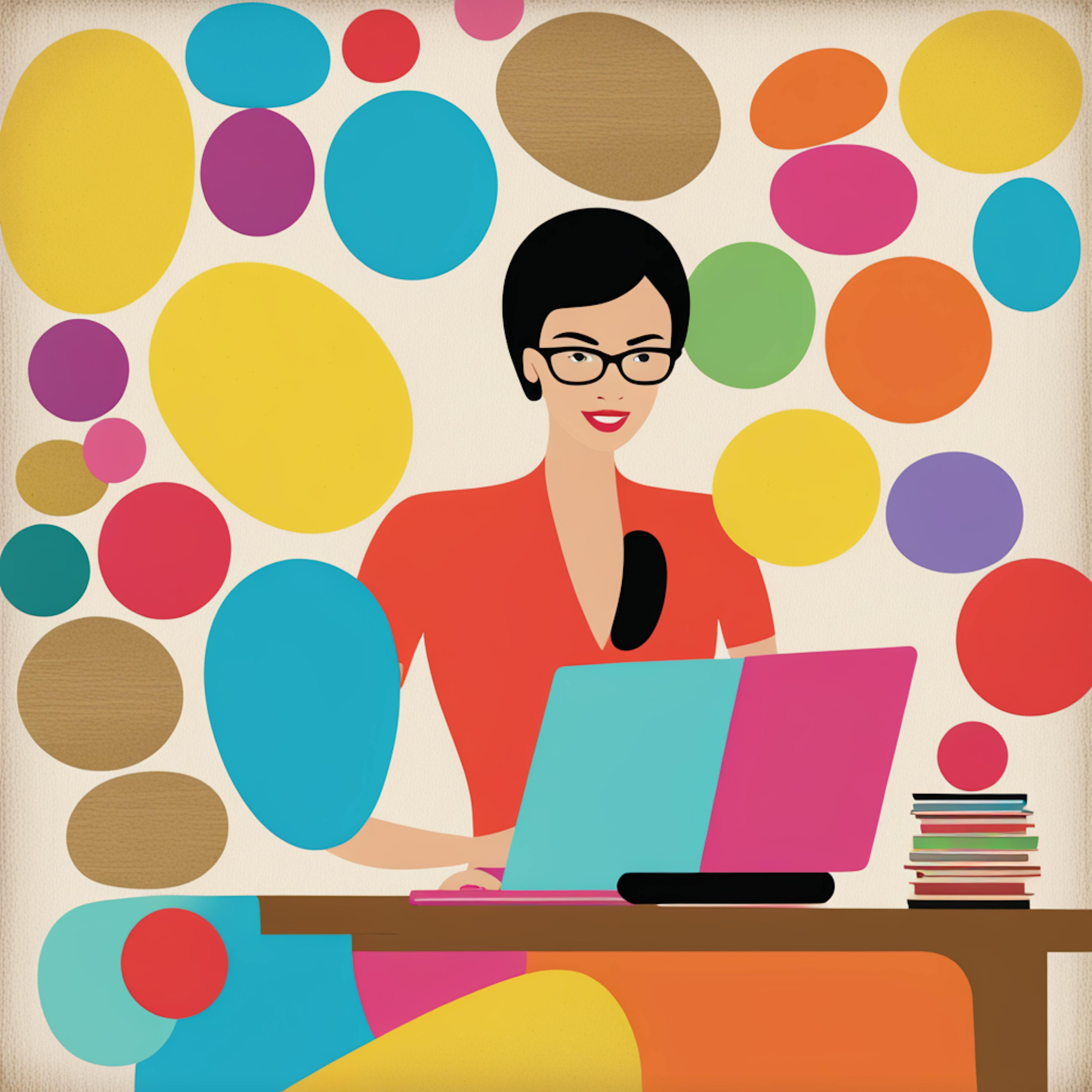 A playful and colorful illustration of a woman using a laptop, with circular abstract patterns in the background. Emphasizes innovation and creativity in optimization processes.