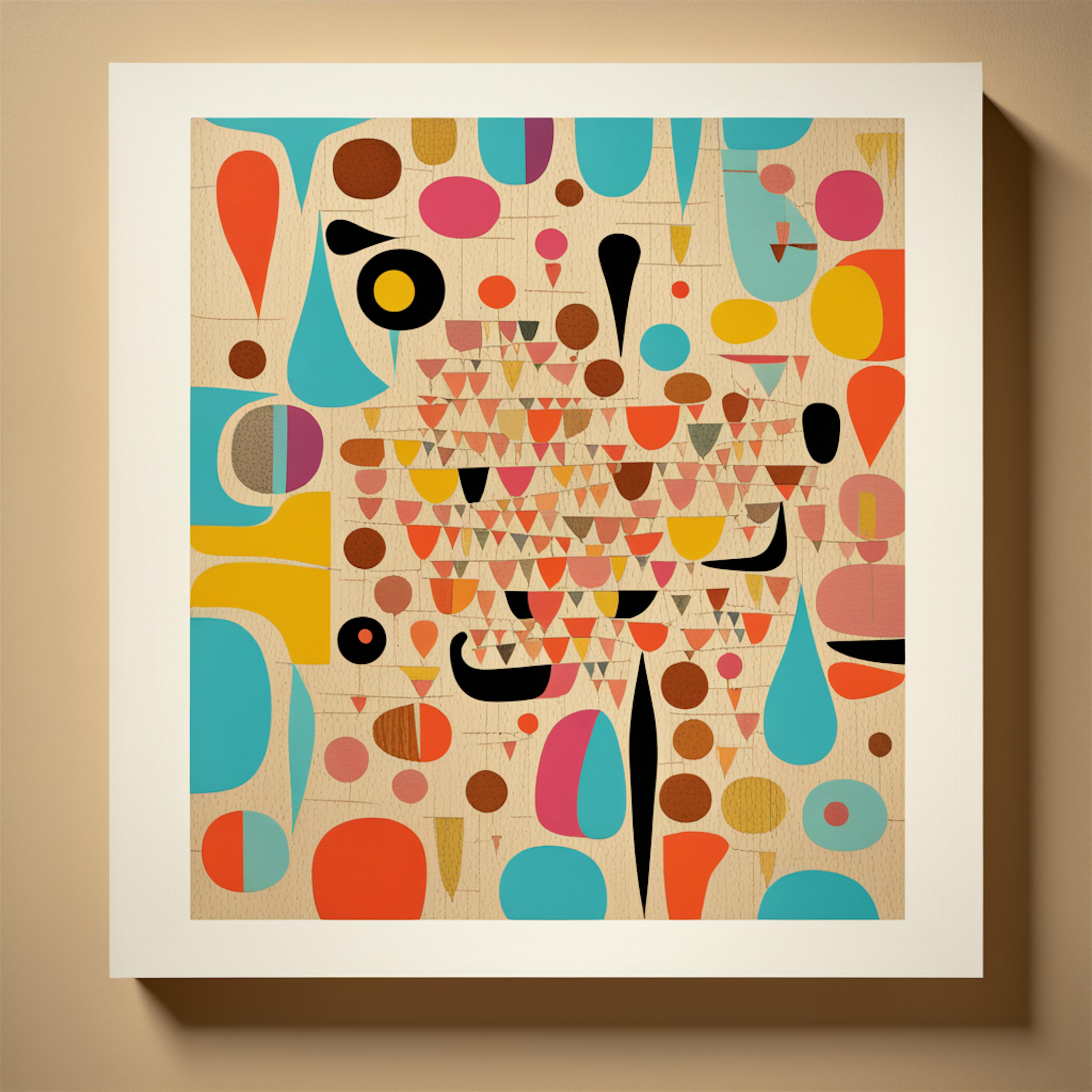 A framed abstract composition filled with colorful organic shapes, triangles, and dots. The dynamic arrangement reflects creativity in art by blending playful and intricate patterns.