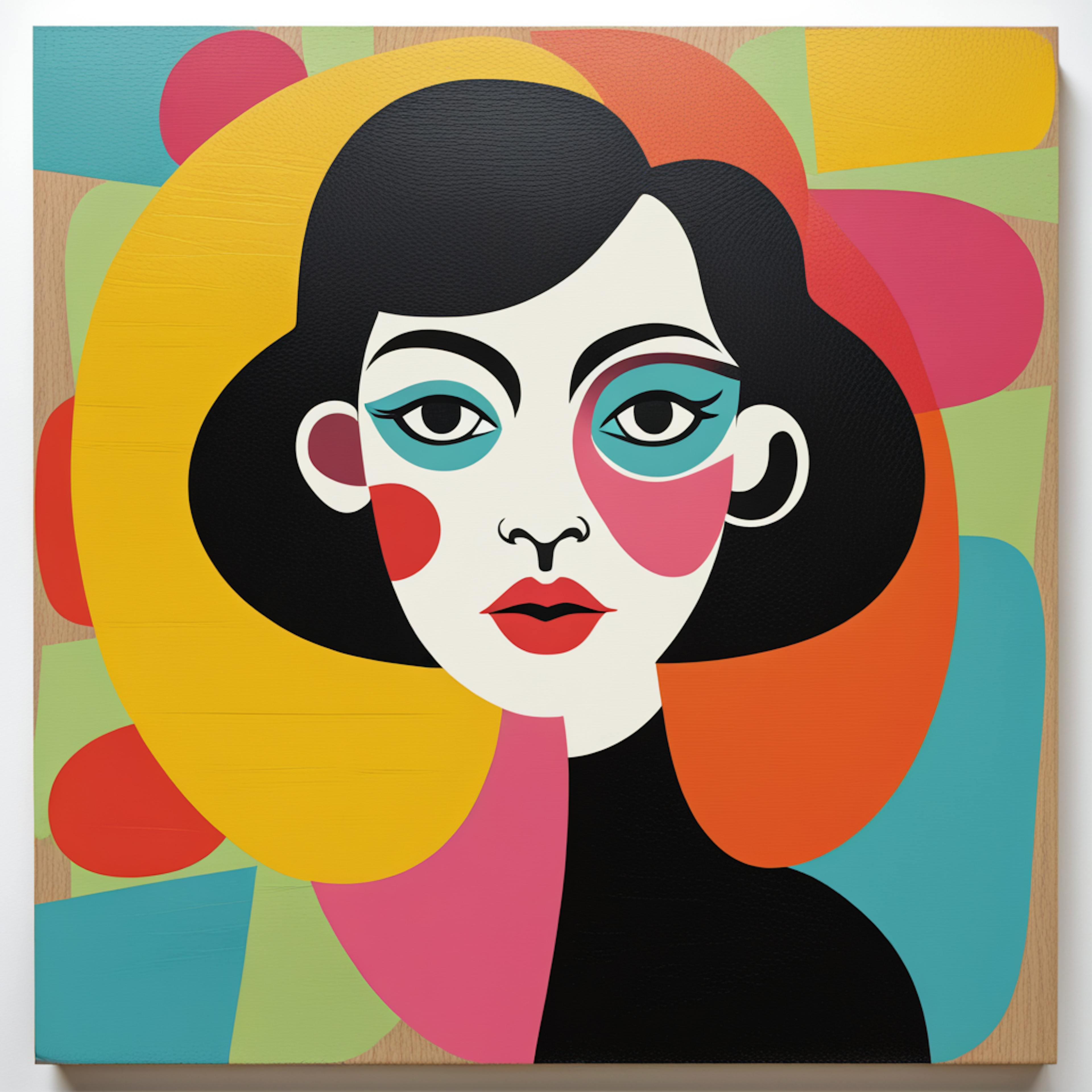 A vibrant portrait of a woman rendered in an abstract style, with bold colors and geometric shapes forming the background. The artwork emphasizes creativity in art through expressive and modern design.