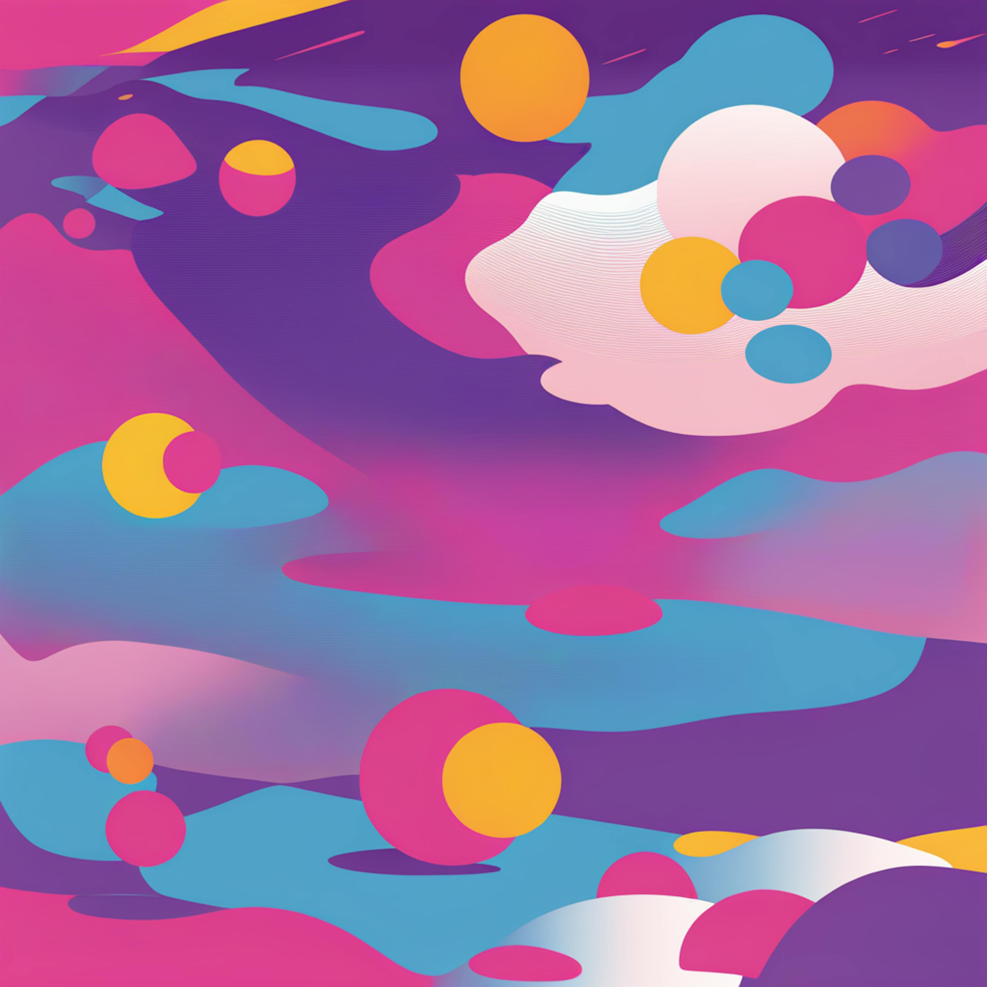 A vibrant abstract composition featuring flowing shapes and circular elements in pink, blue, and orange tones. This artwork highlights fluidity and harmony in design essentials.