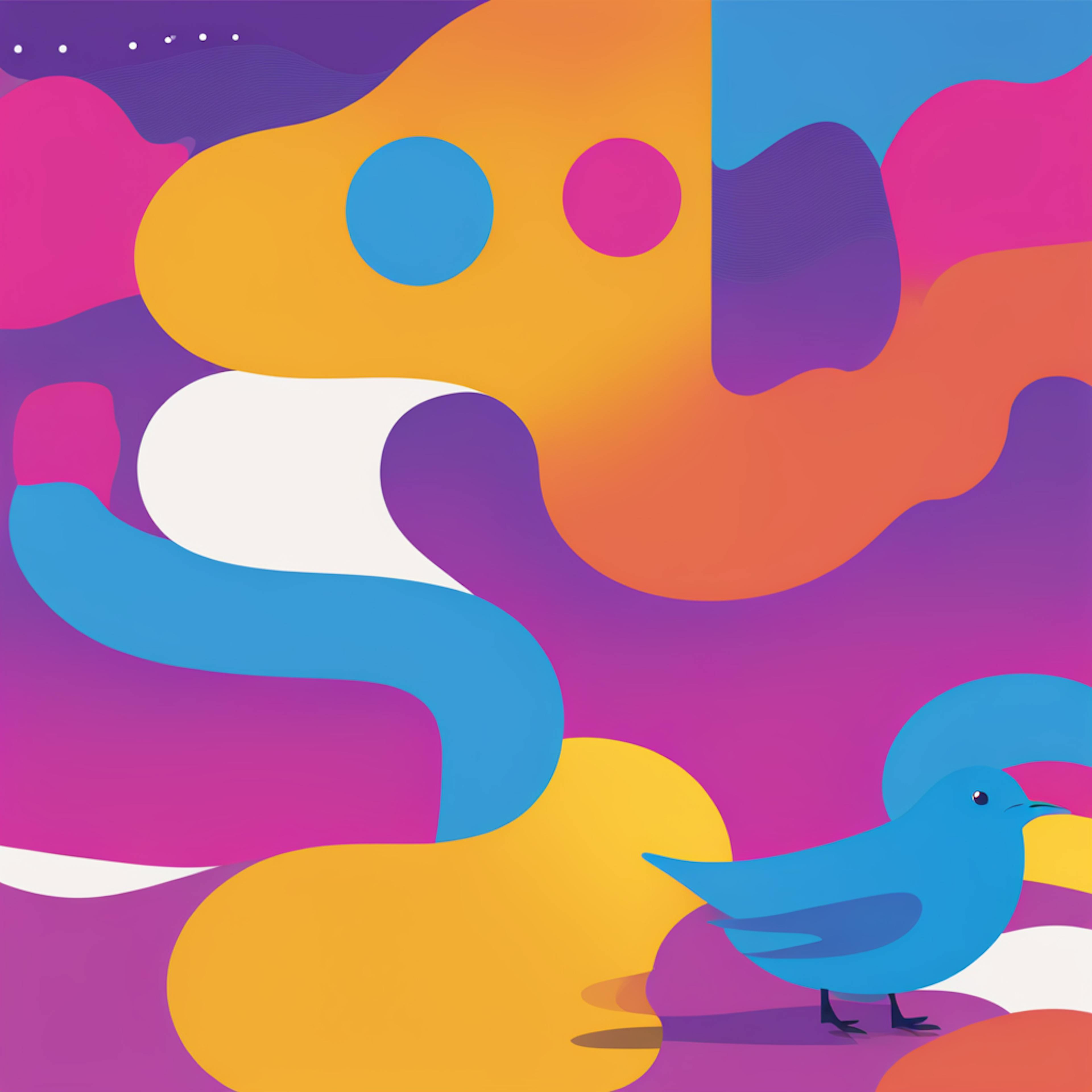 A colorful abstract scene with flowing organic shapes and a blue bird in the foreground. The dynamic composition reflects creativity and storytelling in design essentials.