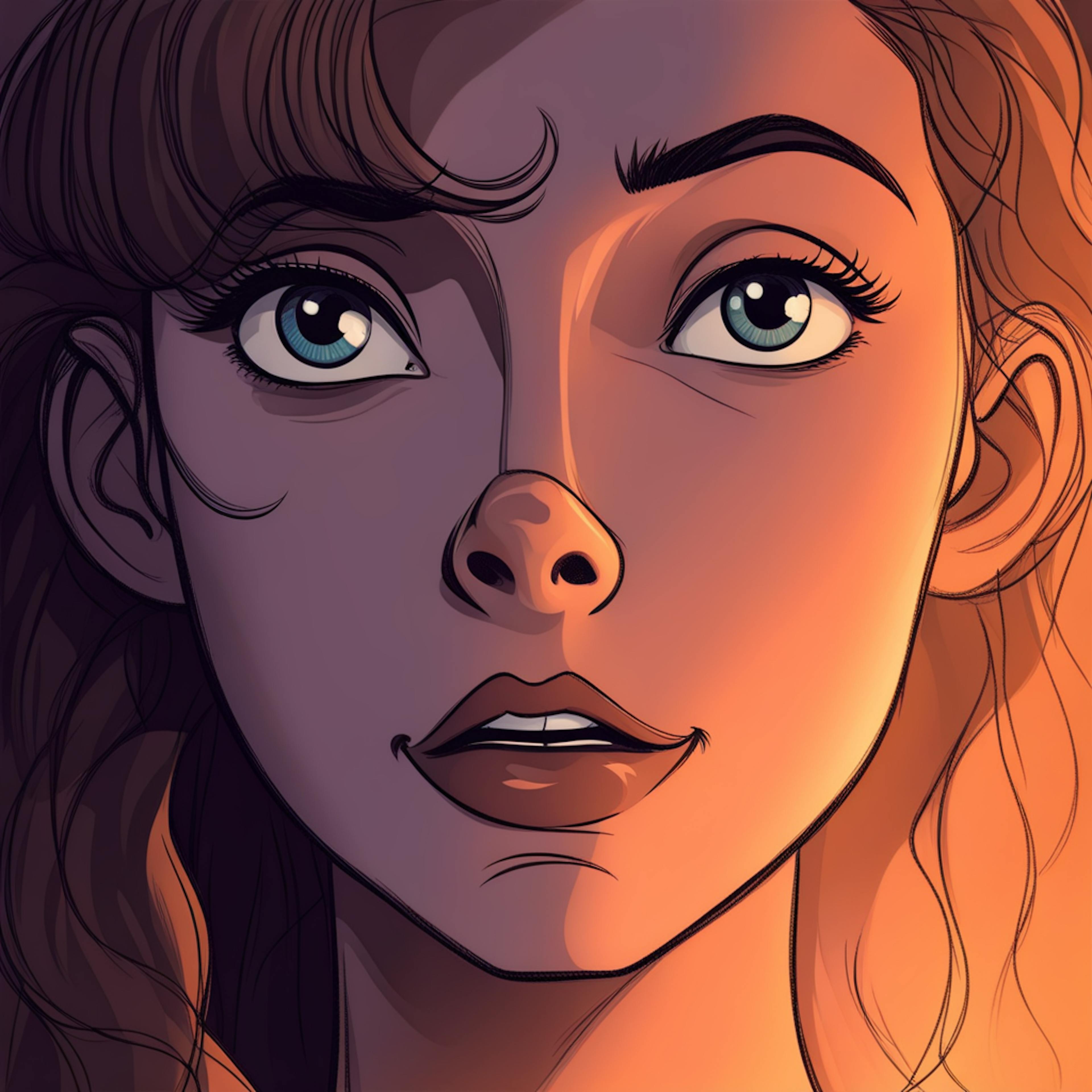 A close-up animated portrait of a woman looking upward with wonder and determination, her face illuminated by a warm glow. Represents storytelling and emotional branding through expressions.