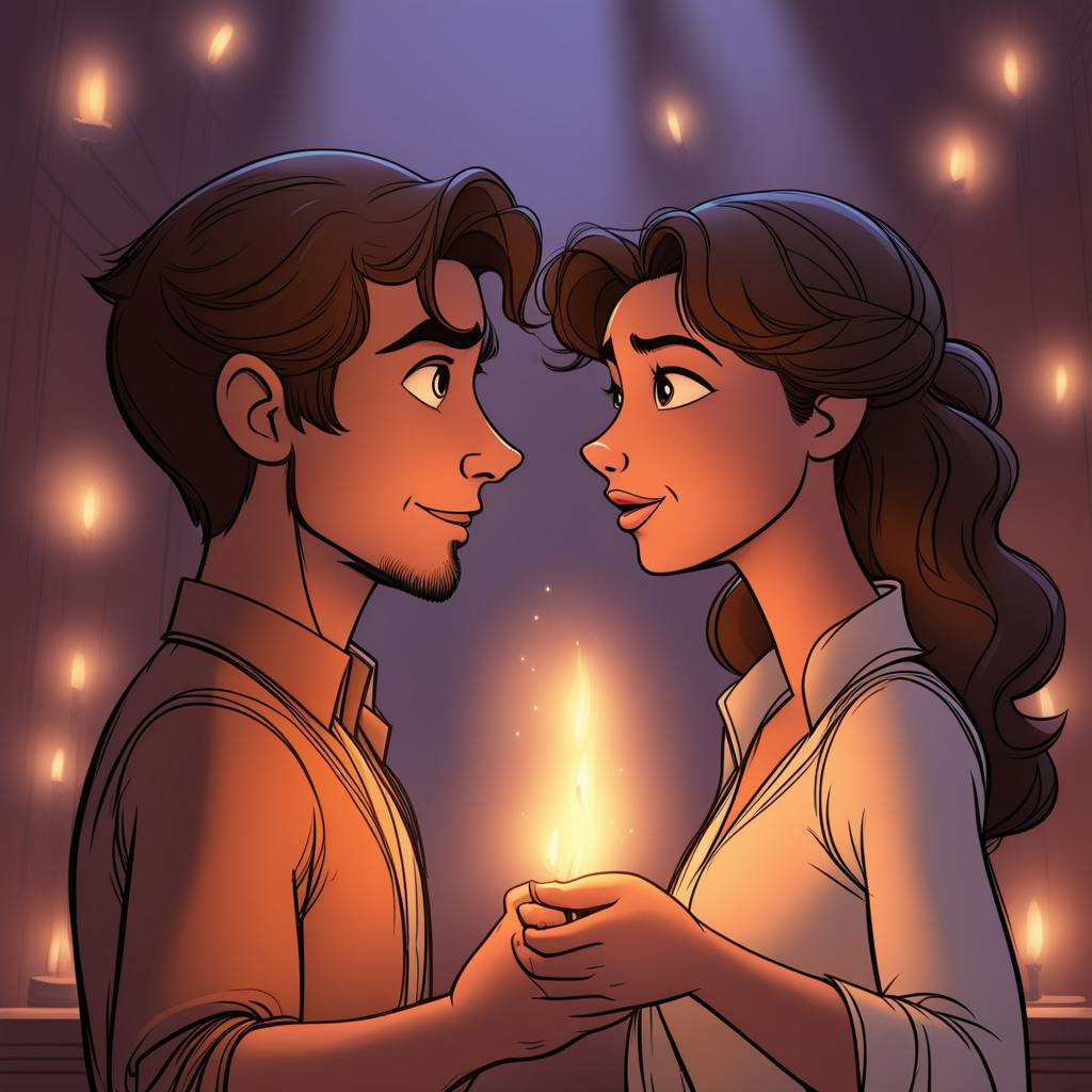 An animated illustration of a couple holding a glowing flame between their hands, gazing into each other's eyes amidst a backdrop of soft candlelight. Captures the essence of connection and emotional branding.