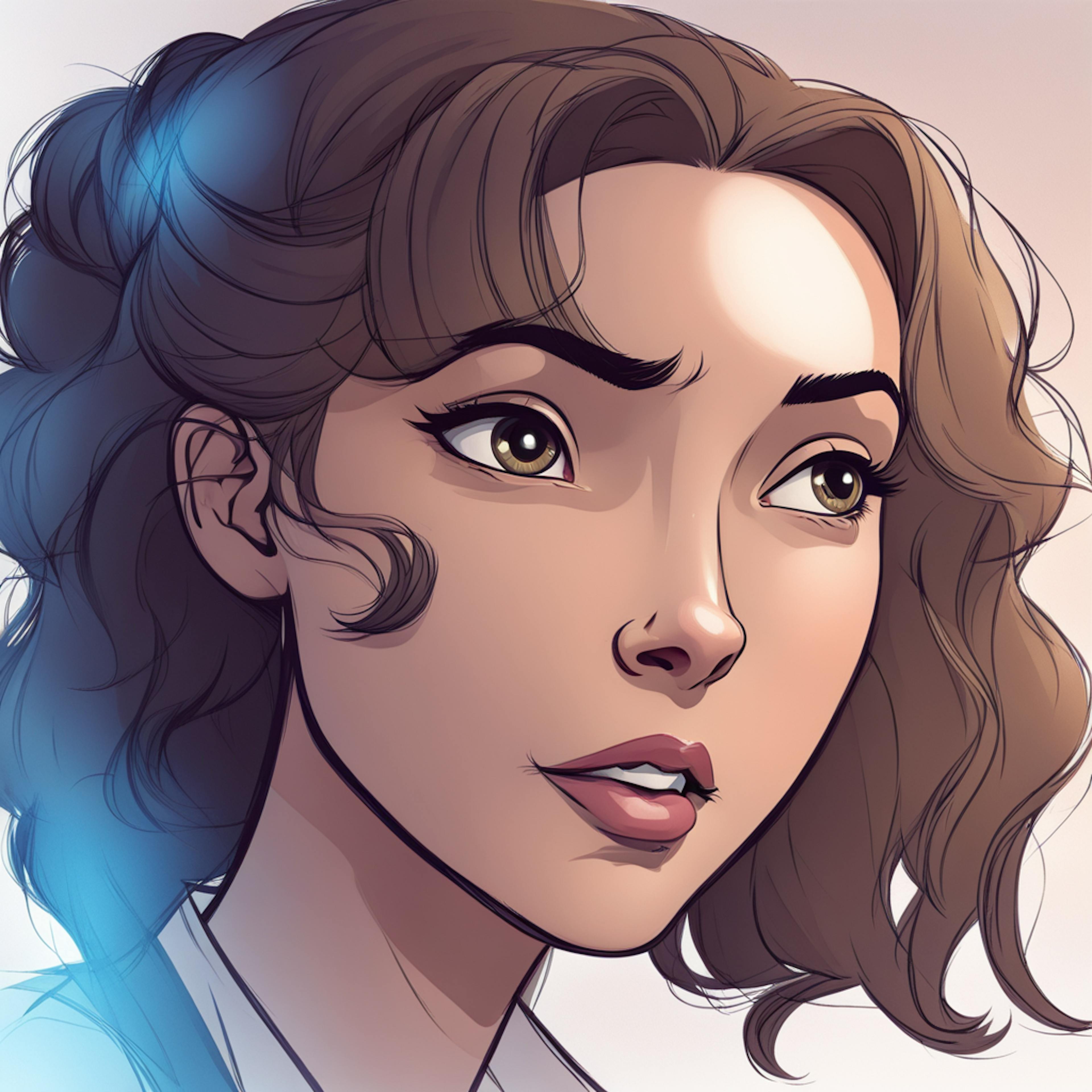 A detailed animated portrait of a woman with a thoughtful and concerned expression, highlighted by soft lighting and subtle blue accents. Exemplifies emotional branding through nuanced character design