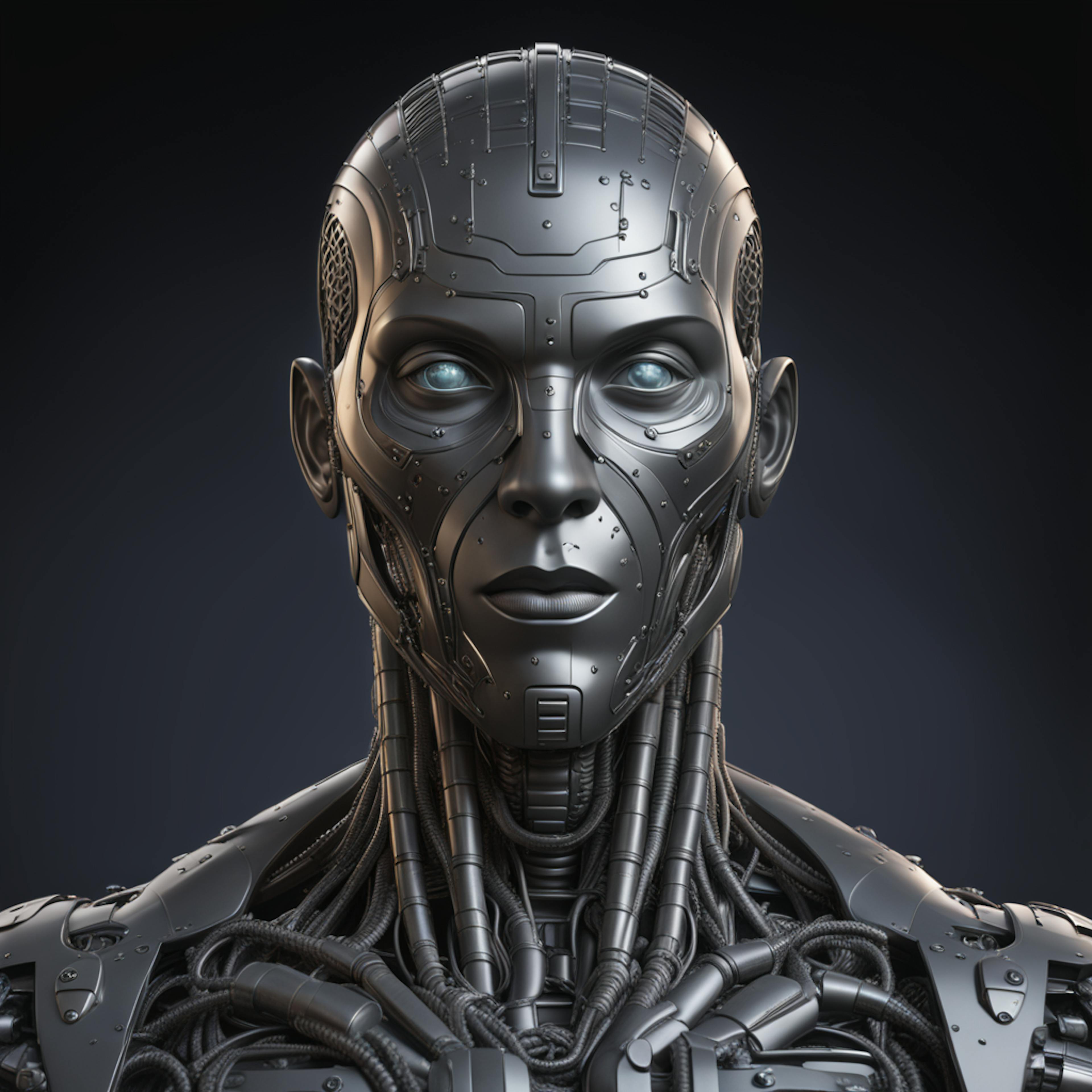 A hyper-realistic robotic humanoid with intricate metallic details and glowing blue eyes, representing the advancements in the future of AI and robotics design.