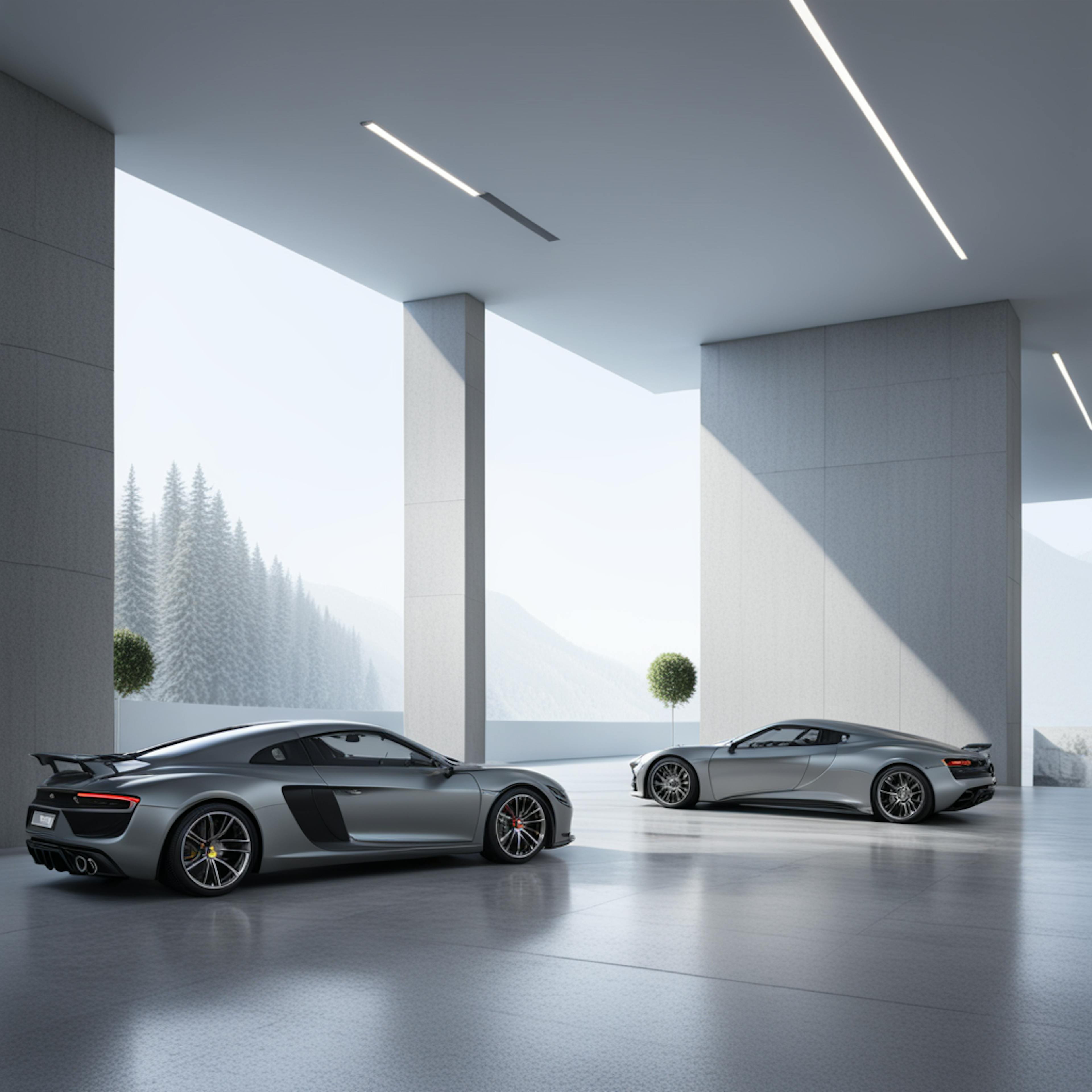 A futuristic scene featuring two sleek silver sports cars parked in a minimalist architectural space with scenic mountain views. Illustrates the integration of AI in automotive innovation and design.