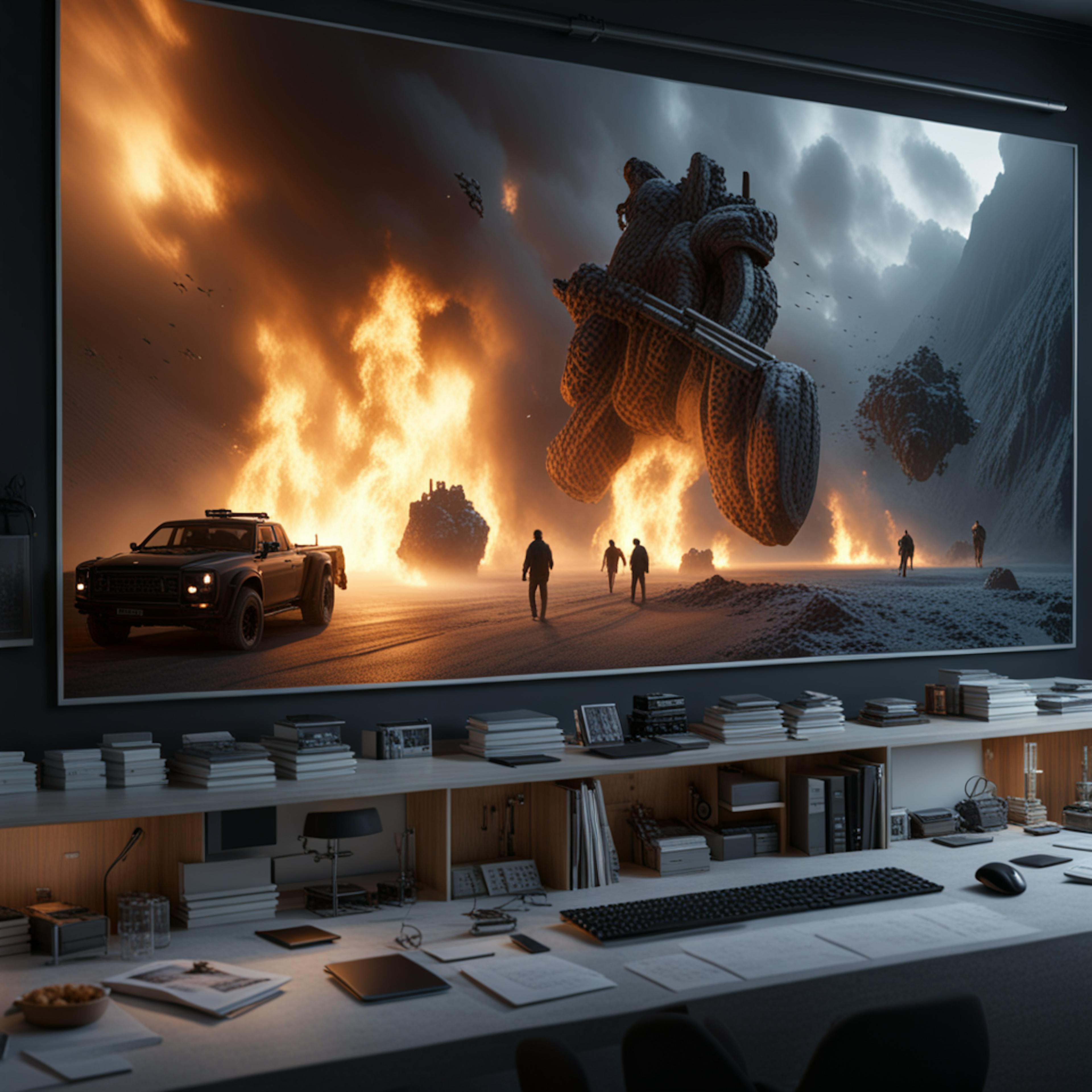 A dramatic frame of fiery explosions, futuristic vehicles, and silhouetted figures on a battlefield, showcased on a high-tech editing screen in a modern workspace. Highlights advanced storytelling techniques for those learning video editing.