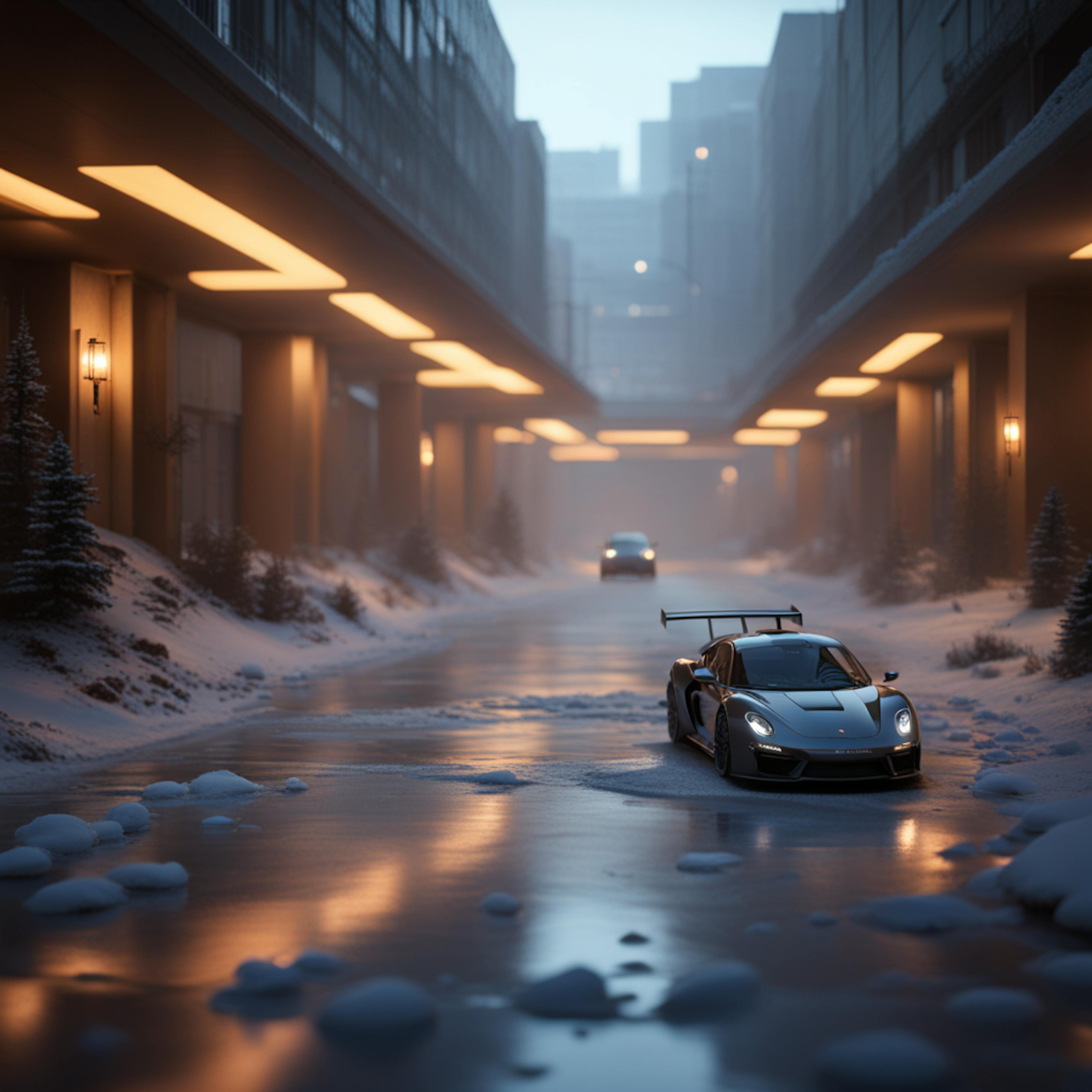 A cinematic scene of a sleek sports car on a snowy road under glowing lights, with atmospheric city buildings in the background. Represents techniques on how to learn video editing by focusing on dynamic lighting and motion effects