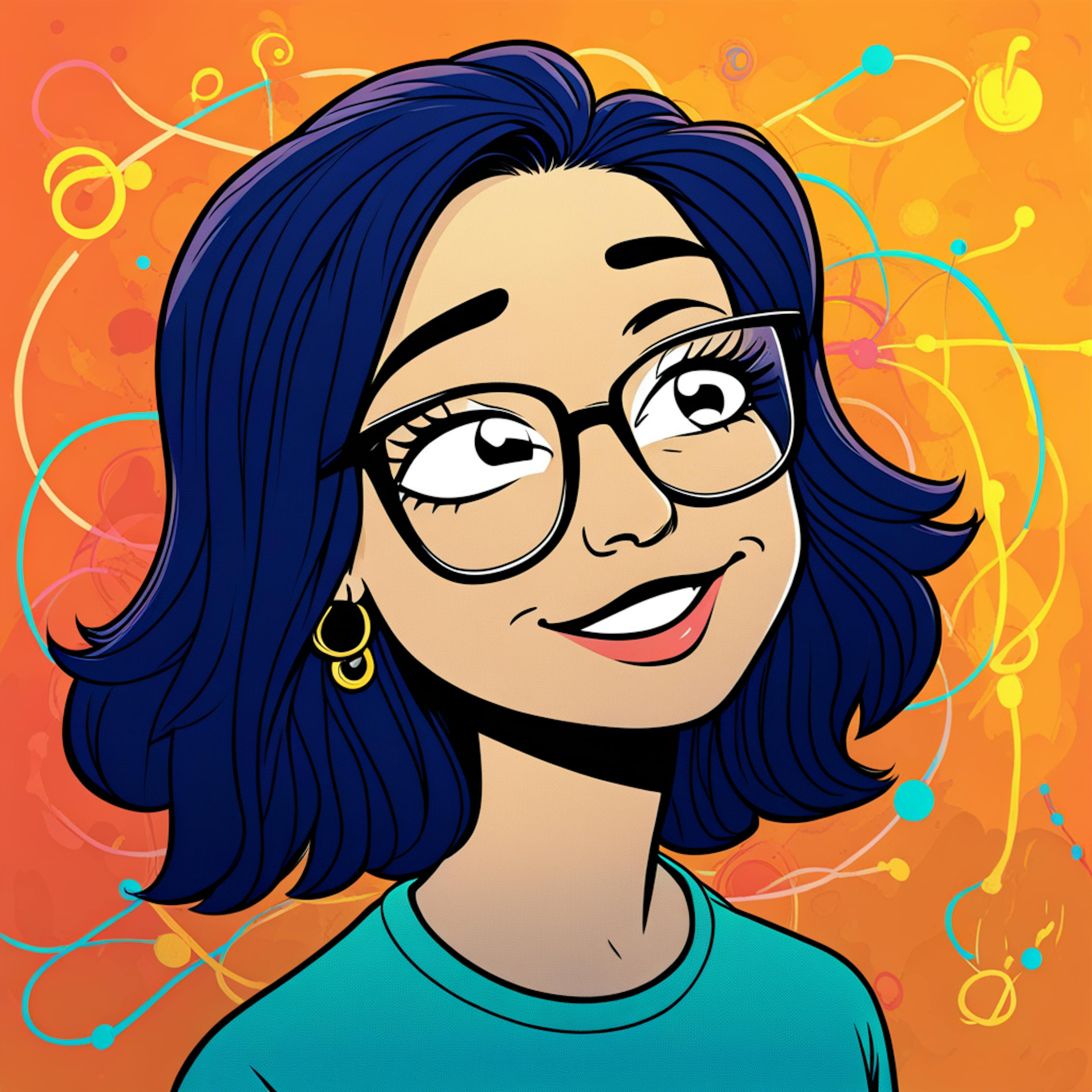 A playful illustration of a young woman with glasses and blue hair, surrounded by dynamic, colorful abstract lines and dots. Represents innovative iconography UX with a focus on creativity and user engagement.