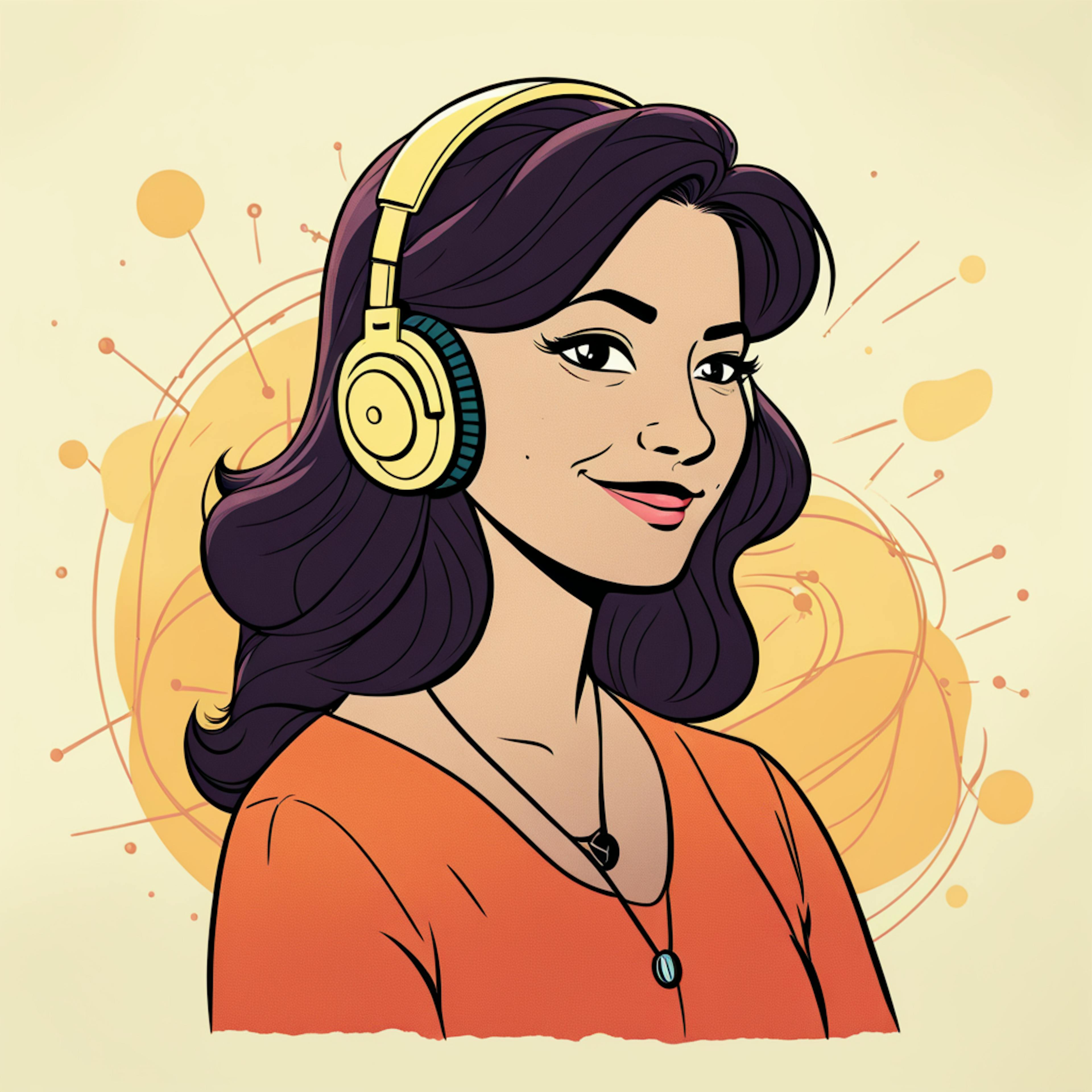 A vibrant cartoon-style illustration of a woman wearing yellow headphones, smiling confidently against a backdrop of abstract circular designs. Highlights modern iconography UX principles with a focus on engaging visual elements.