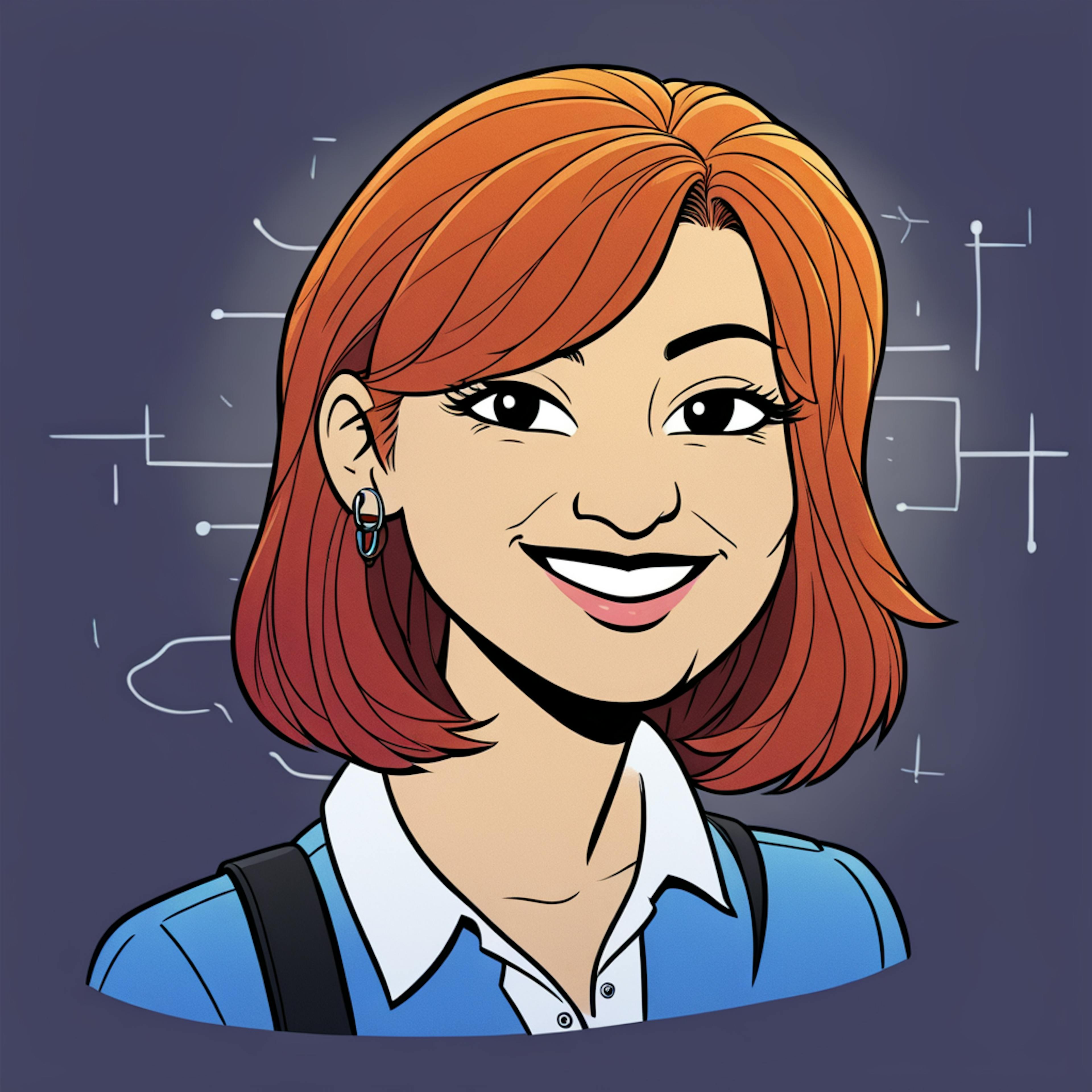 A cheerful illustration of a red-haired woman with a professional outfit, smiling against a background of abstract digital connections. Demonstrates iconography UX with a balance of personality and technology.