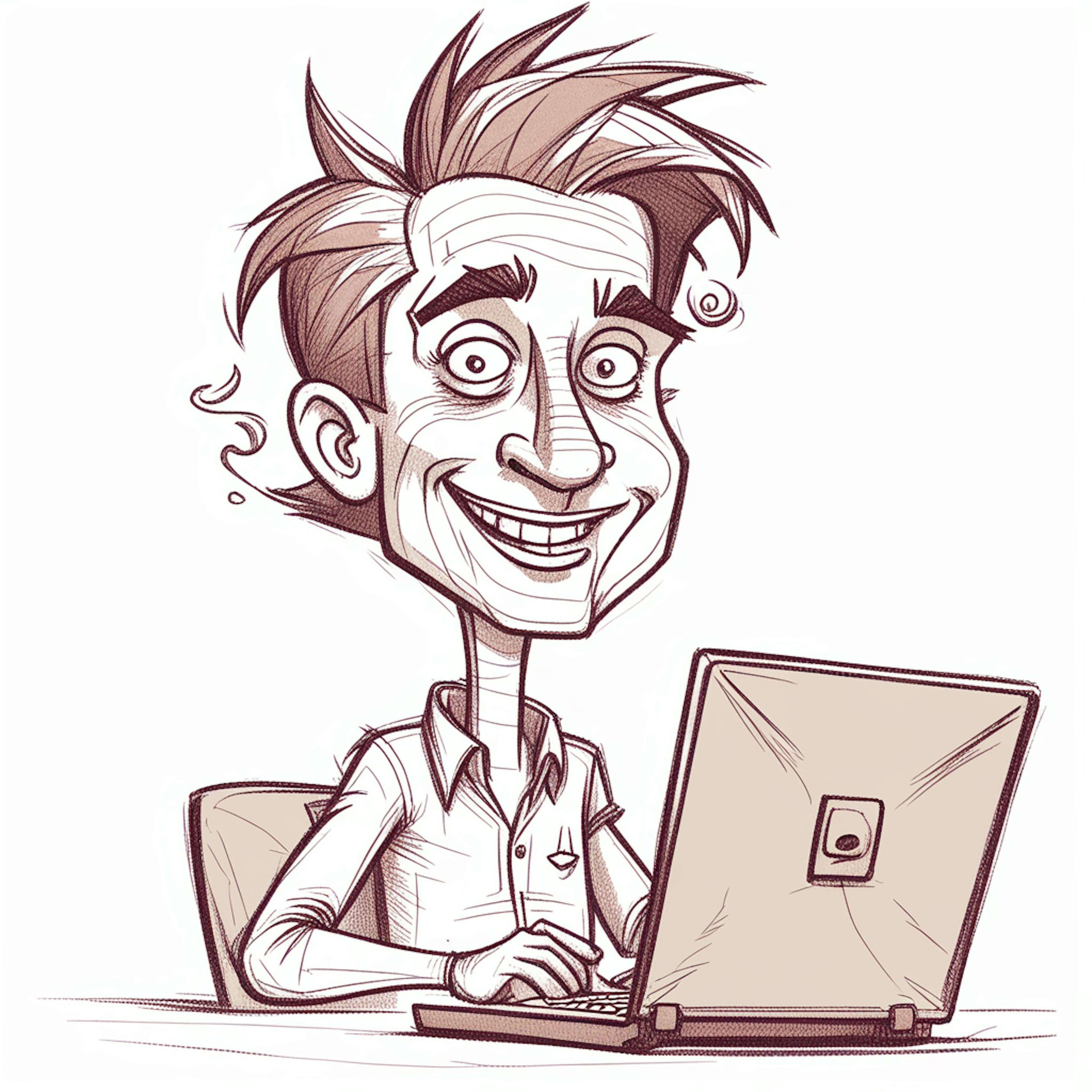 A caricature of a cheerful man working enthusiastically on his laptop, symbolizing creative efforts to boost organic search rankings through dynamic content strategies.