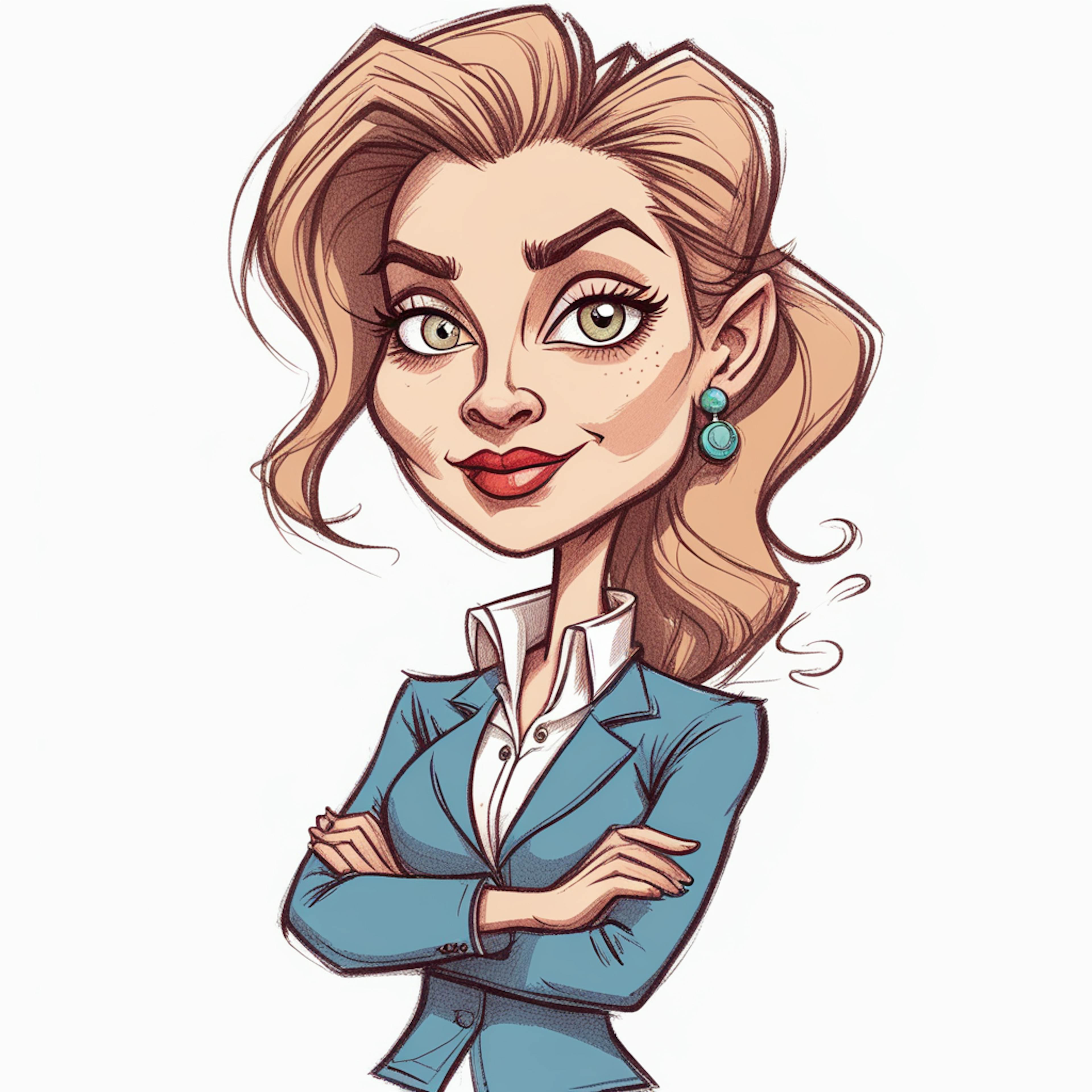 A professional caricature of a confident businesswoman with folded arms, representing strategic planning for improving organic search rankings with SEO expertise.