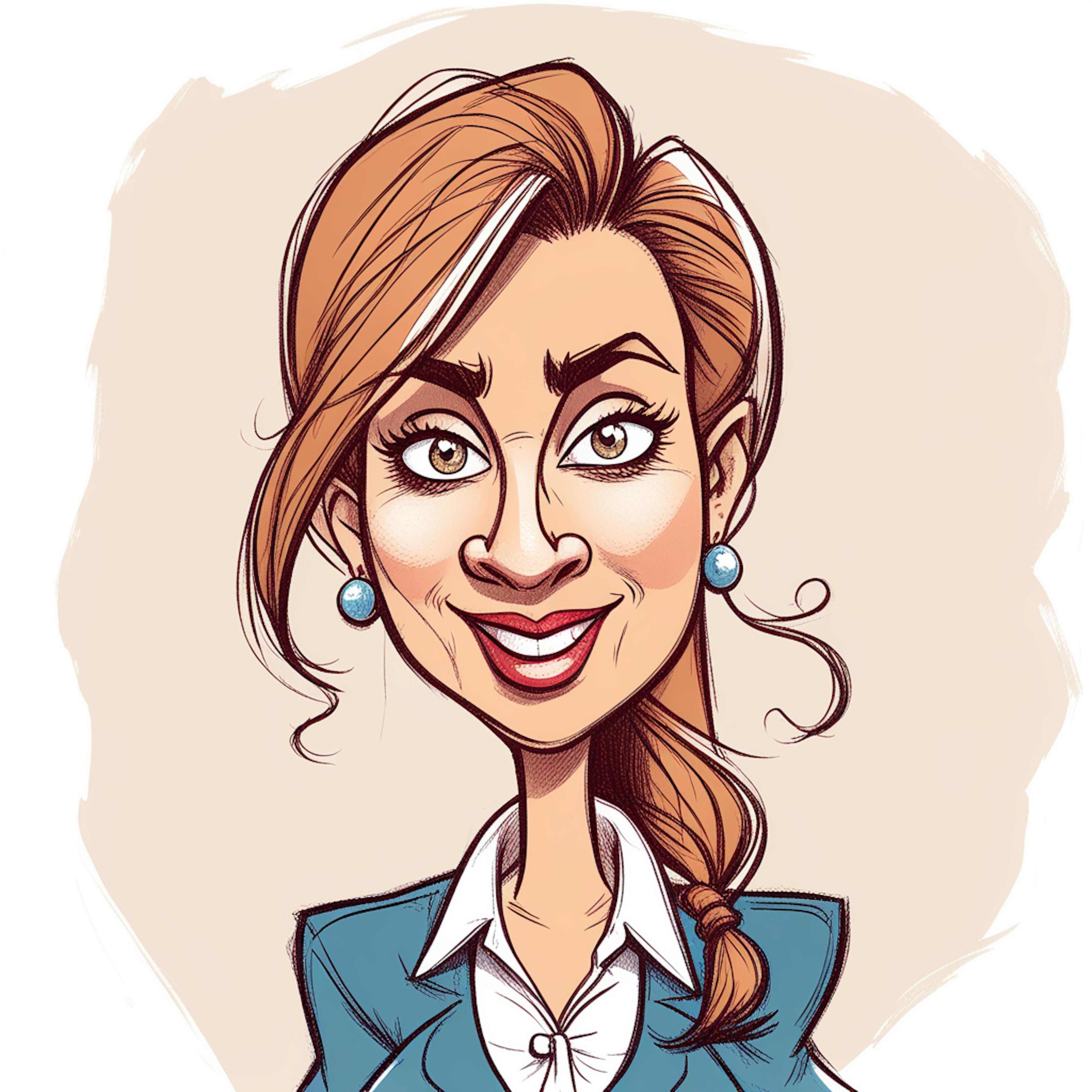 A caricature of a smiling woman in a blazer, showcasing optimism and professionalism in elevating organic search rankings by leveraging innovative techniques.