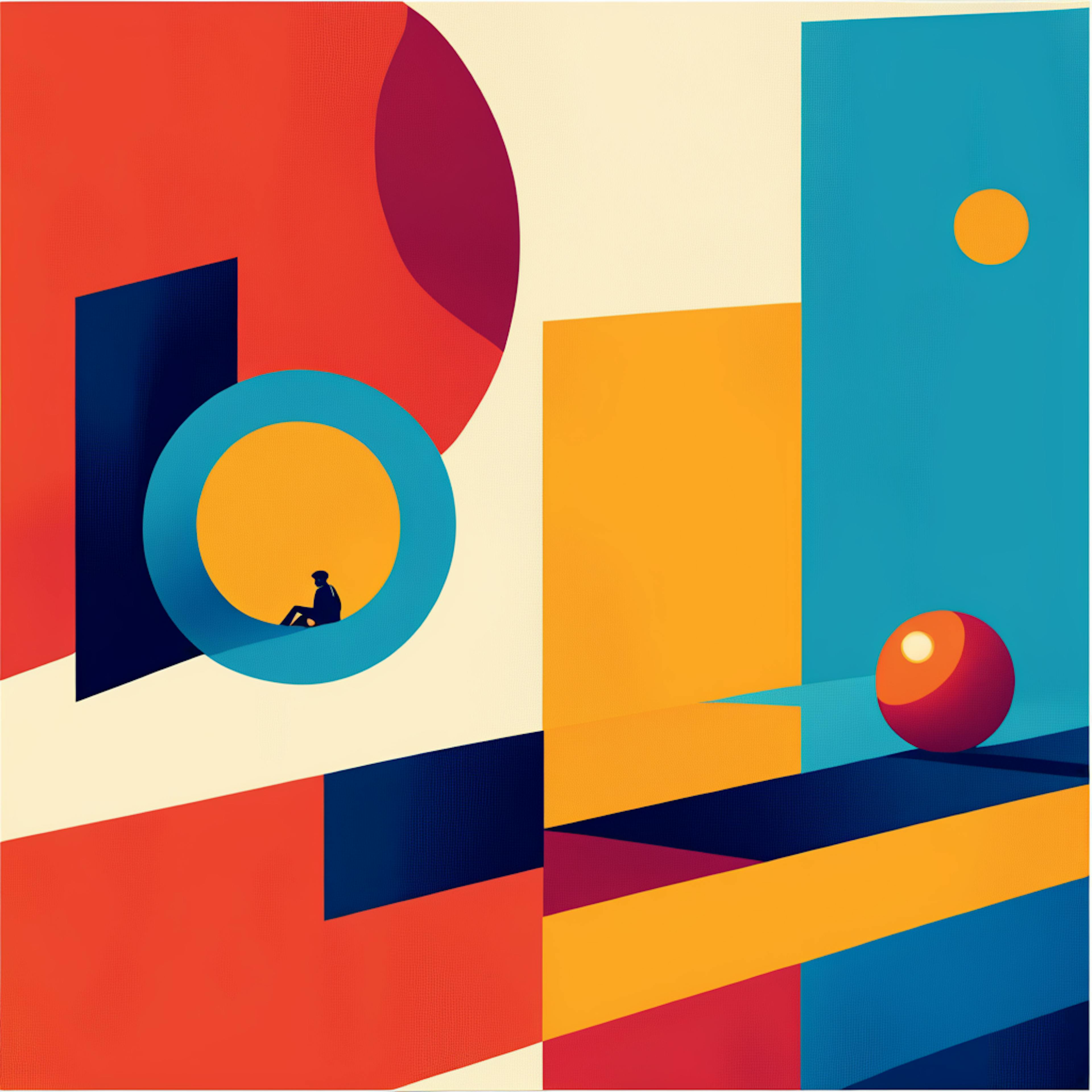 Abstract geometric composition in vibrant hues of orange, blue, and yellow. A figure sitting inside a circular shape evokes a sense of exploration and engagement, symbolizing the dynamics of organic search traffic.