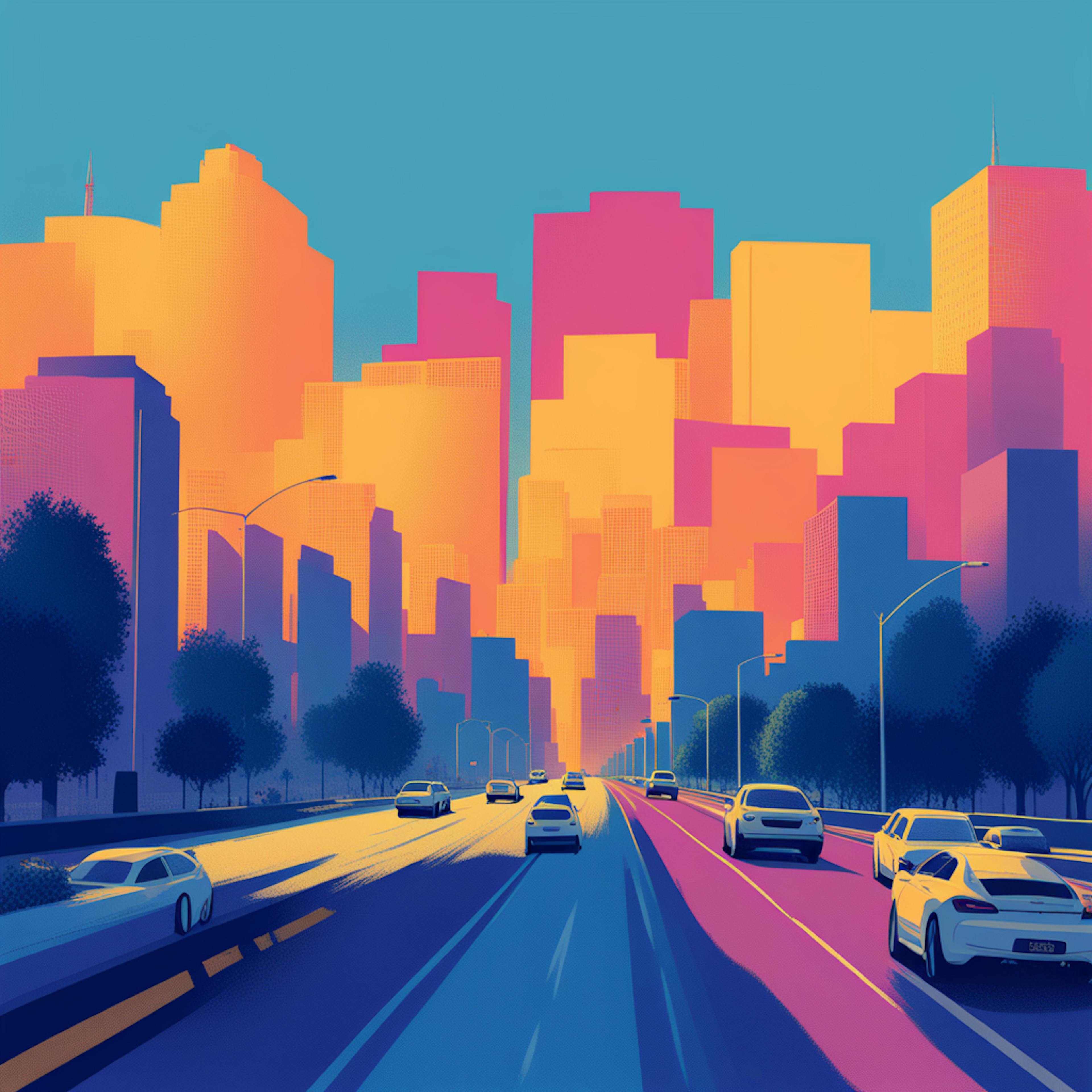 A bustling urban street view at sunset with colorful high-rise buildings and moving cars. The vibrant palette emphasizes the concept of driving organic search traffic through active optimization strategies.