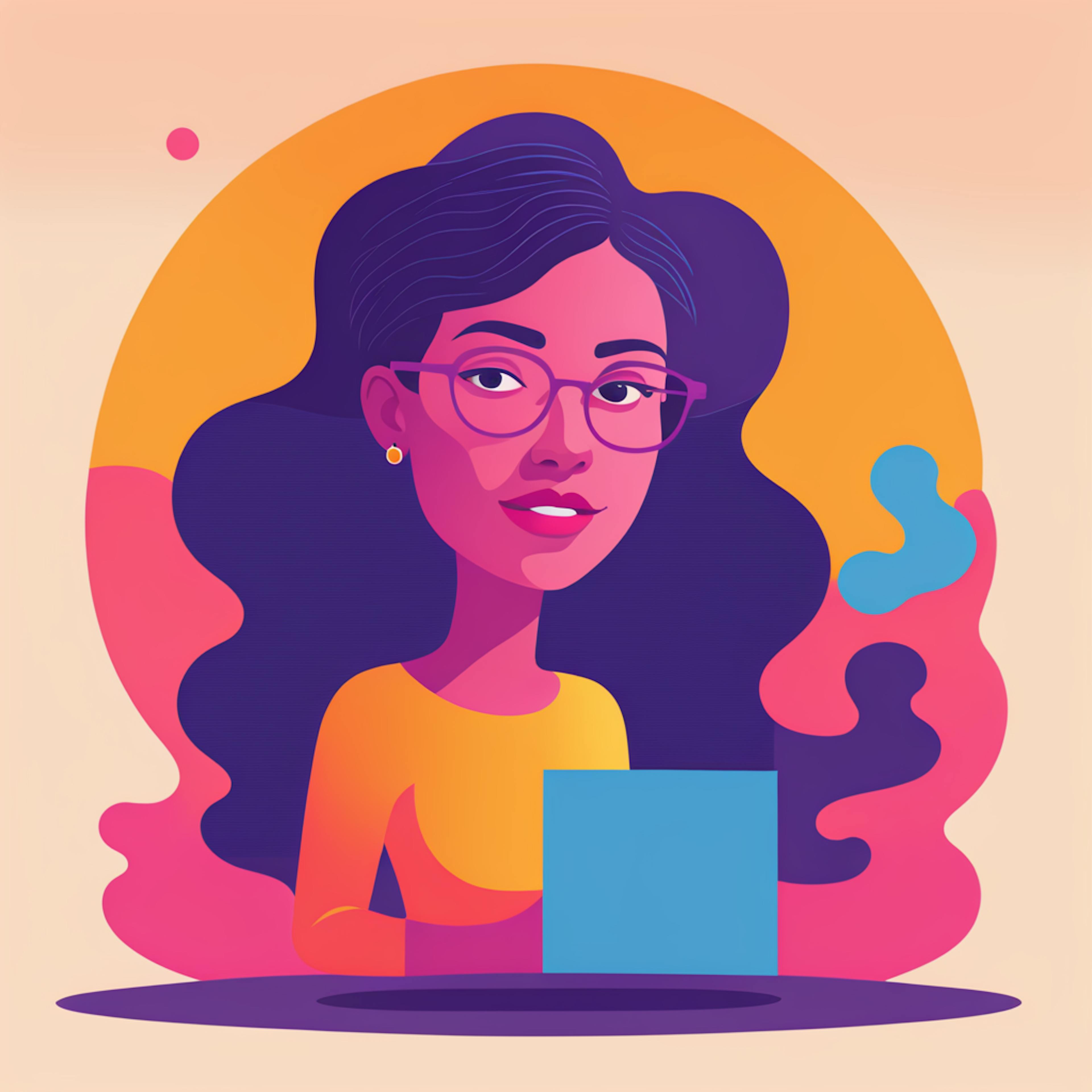 A vibrant and modern illustration of a professional woman sitting with a laptop, highlighting creativity and strategy. Keywords: "personalization in marketing, digital innovation, customer engagement."