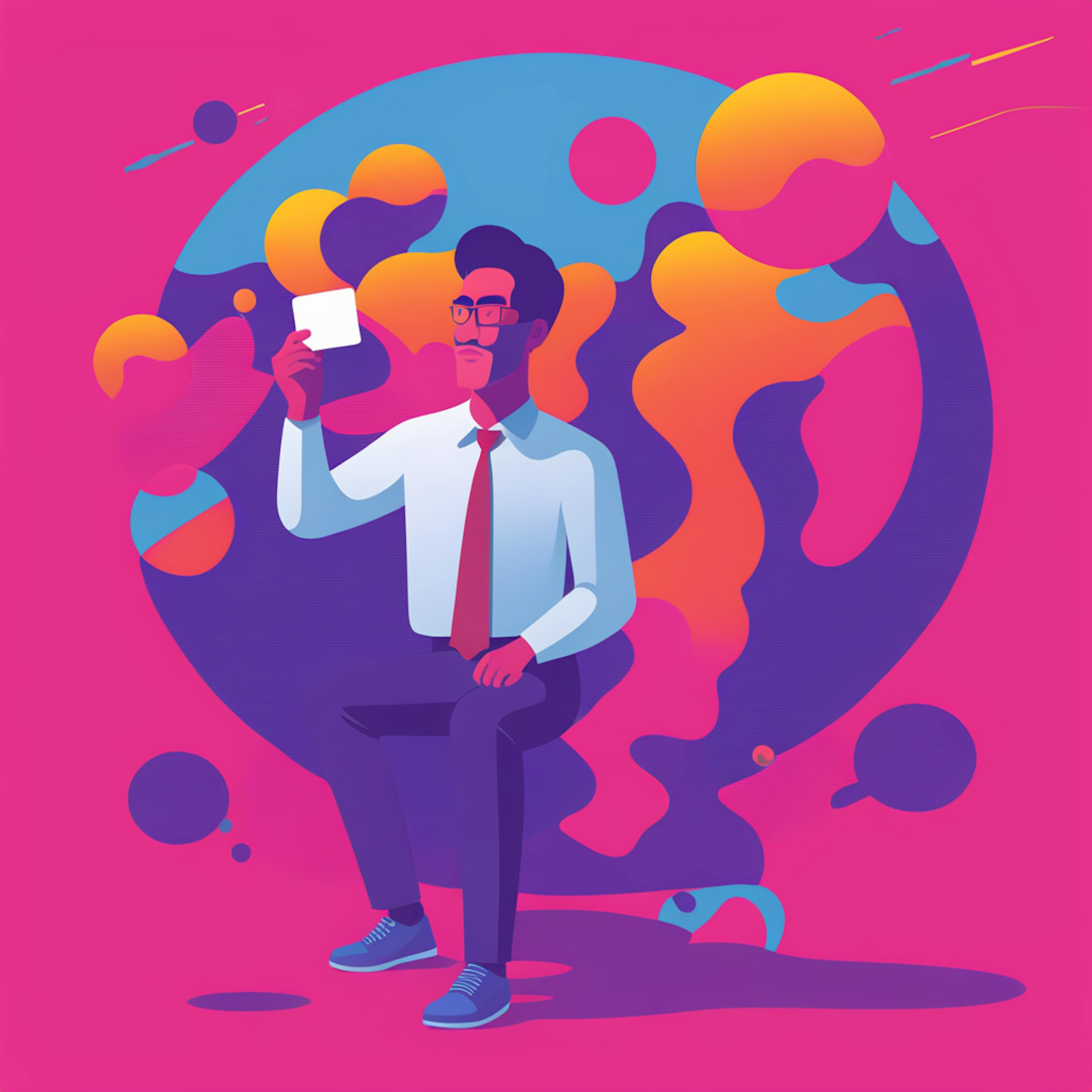 A colorful depiction of a professional man holding a marketing report, symbolizing analytics and audience connection. Keywords: "personalization in marketing, audience targeting, data-driven insights."