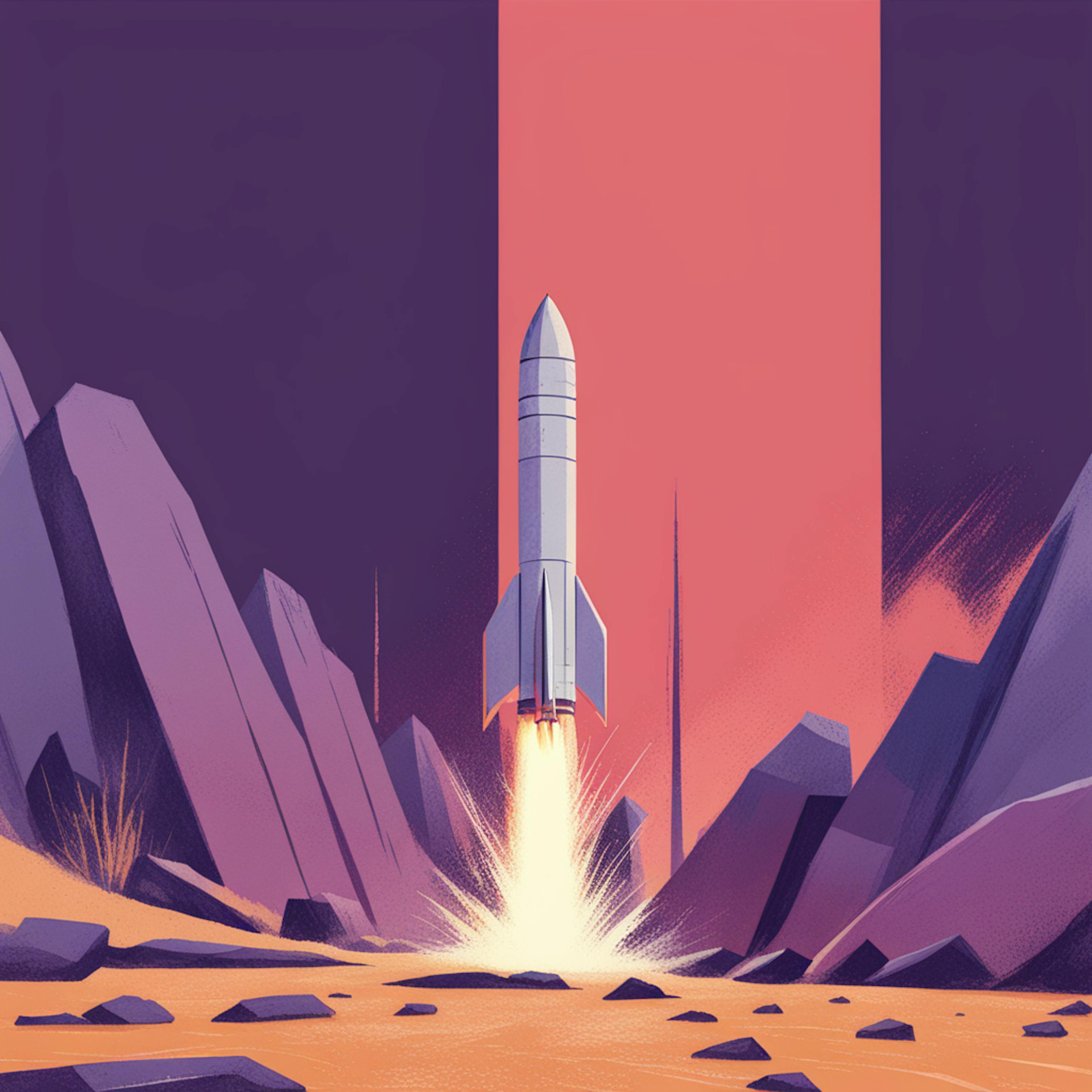 A stylized illustration of a rocket launching amidst rocky terrain, symbolizing the start of innovative promotional strategies.