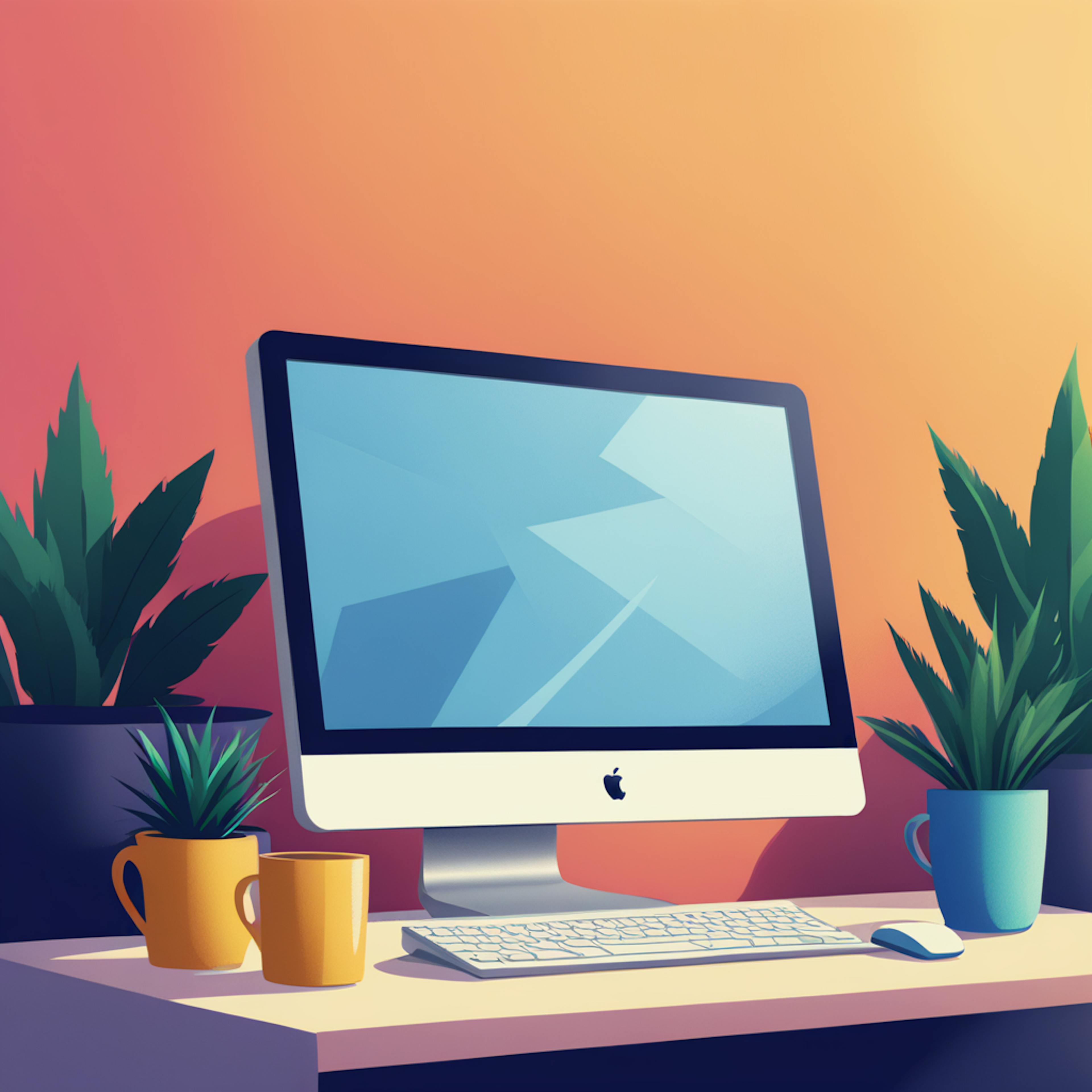 A sleek desktop setup with a high-resolution monitor, vibrant potted plants, and mugs on a well-lit desk. Keywords: "search engine marketing," "optimized workspace," "digital tools for marketing."