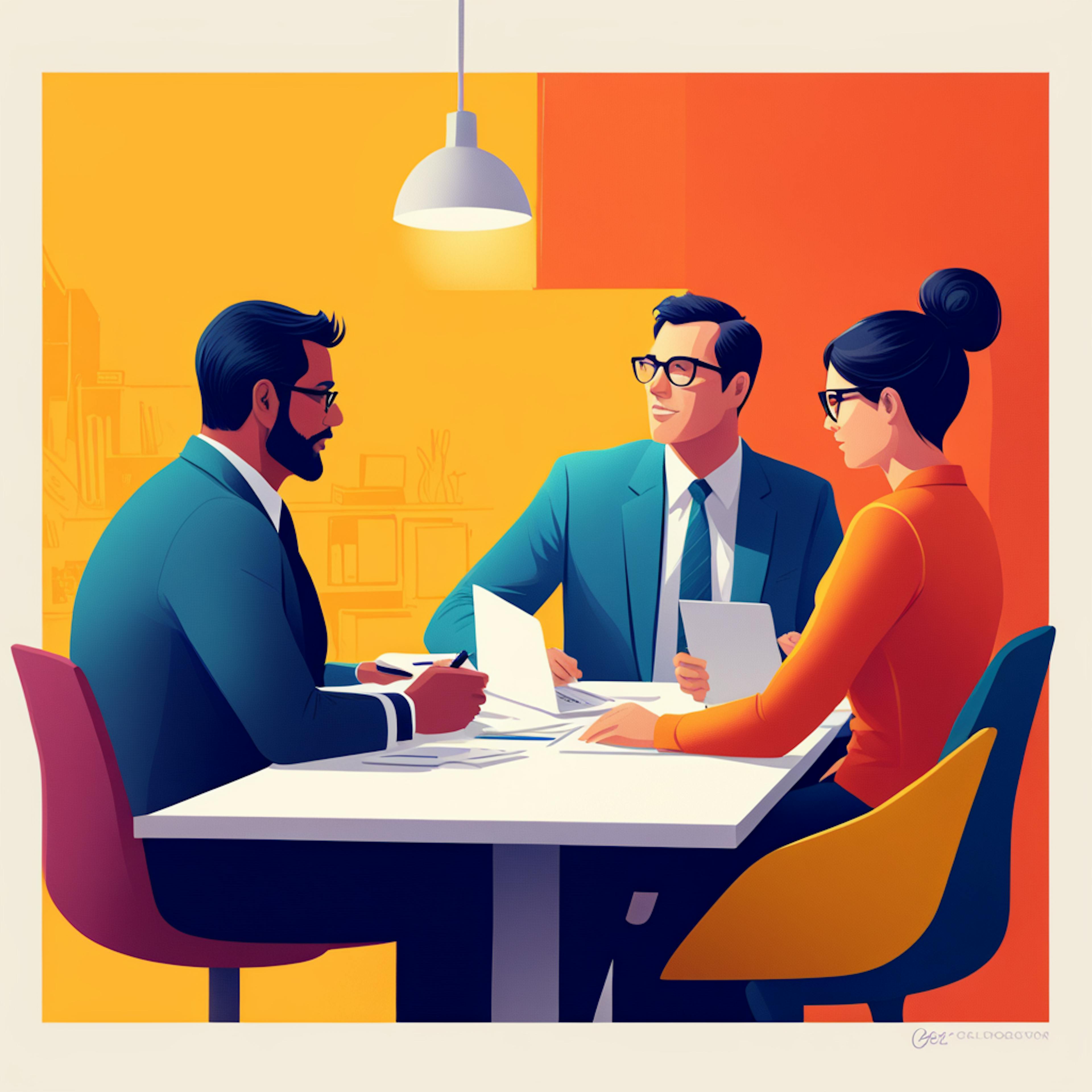 Three professionals in a business meeting, exchanging ideas at a modern office table under soft lighting. Keywords: "search engine marketing," "collaborative planning," "marketing strategy discussions."