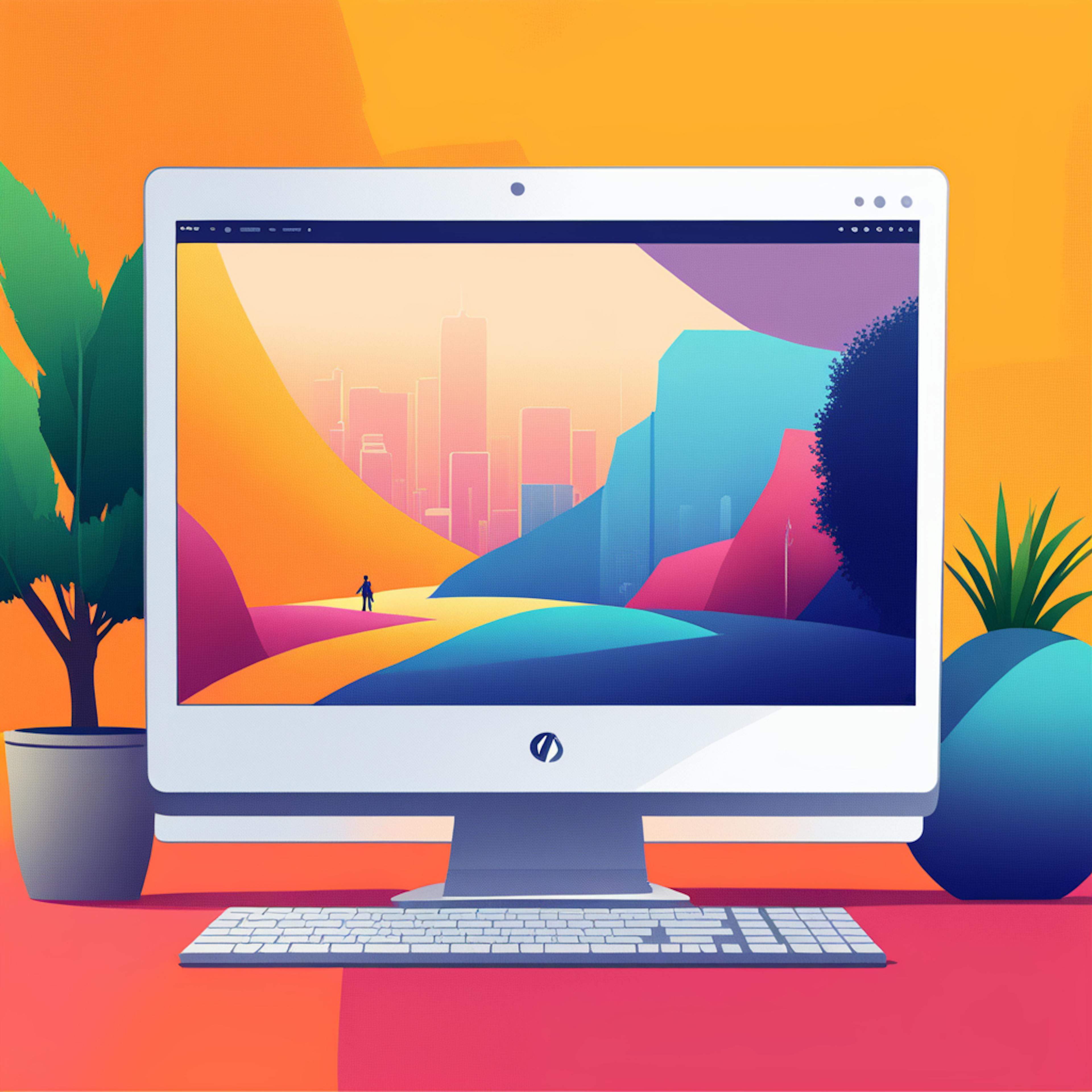 A vibrant illustration of a desktop computer displaying a colorful cityscape, surrounded by plants on a clean desk. Keywords: "search engine marketing," "digital workspace," "online strategies."