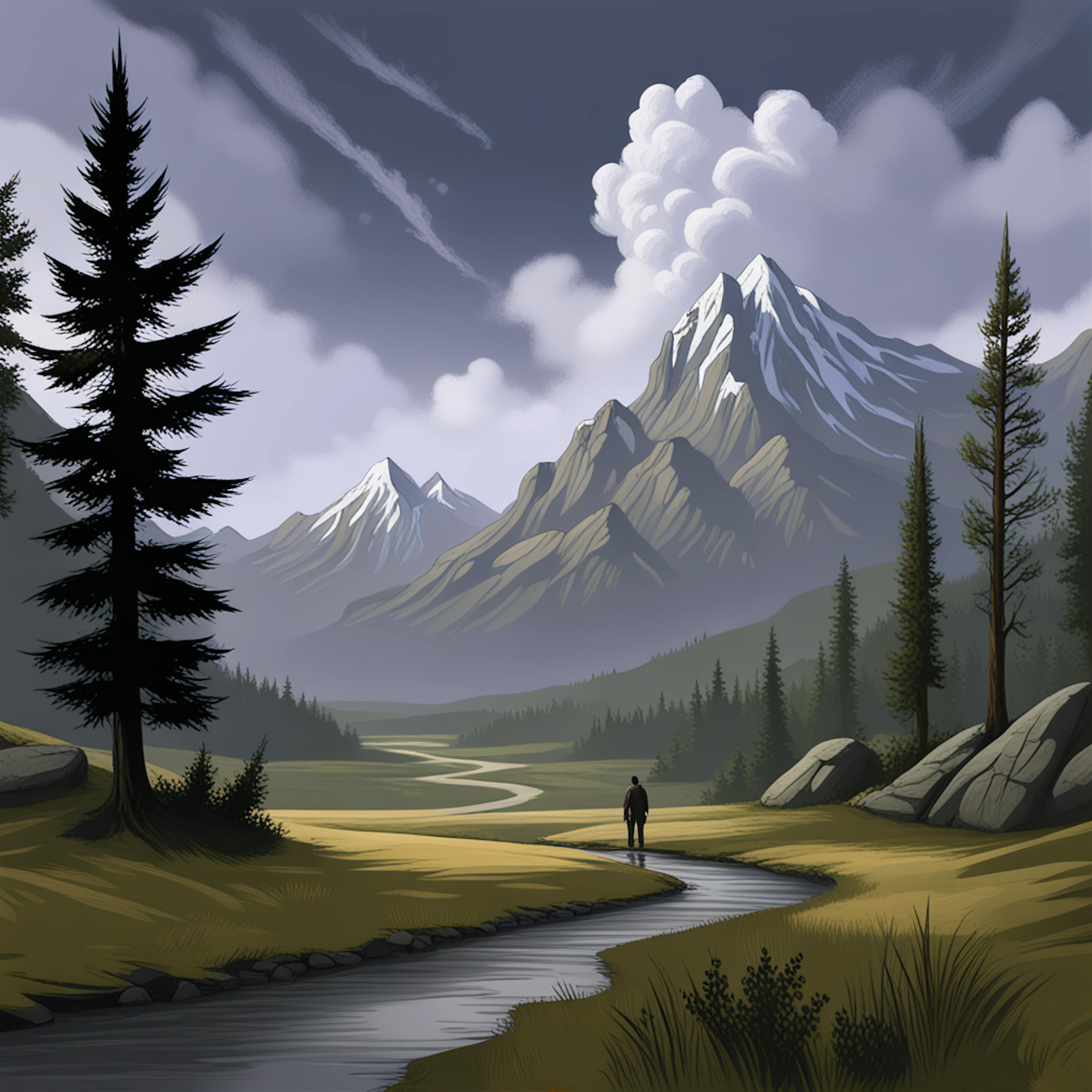 A tranquil scene showcasing a lone figure walking through a valley surrounded by towering mountains and dense forests. The detailed environment highlights the use of atmospheric perspective in this type of art. Keywords: "types of art, atmospheric perspective, nature artwork."