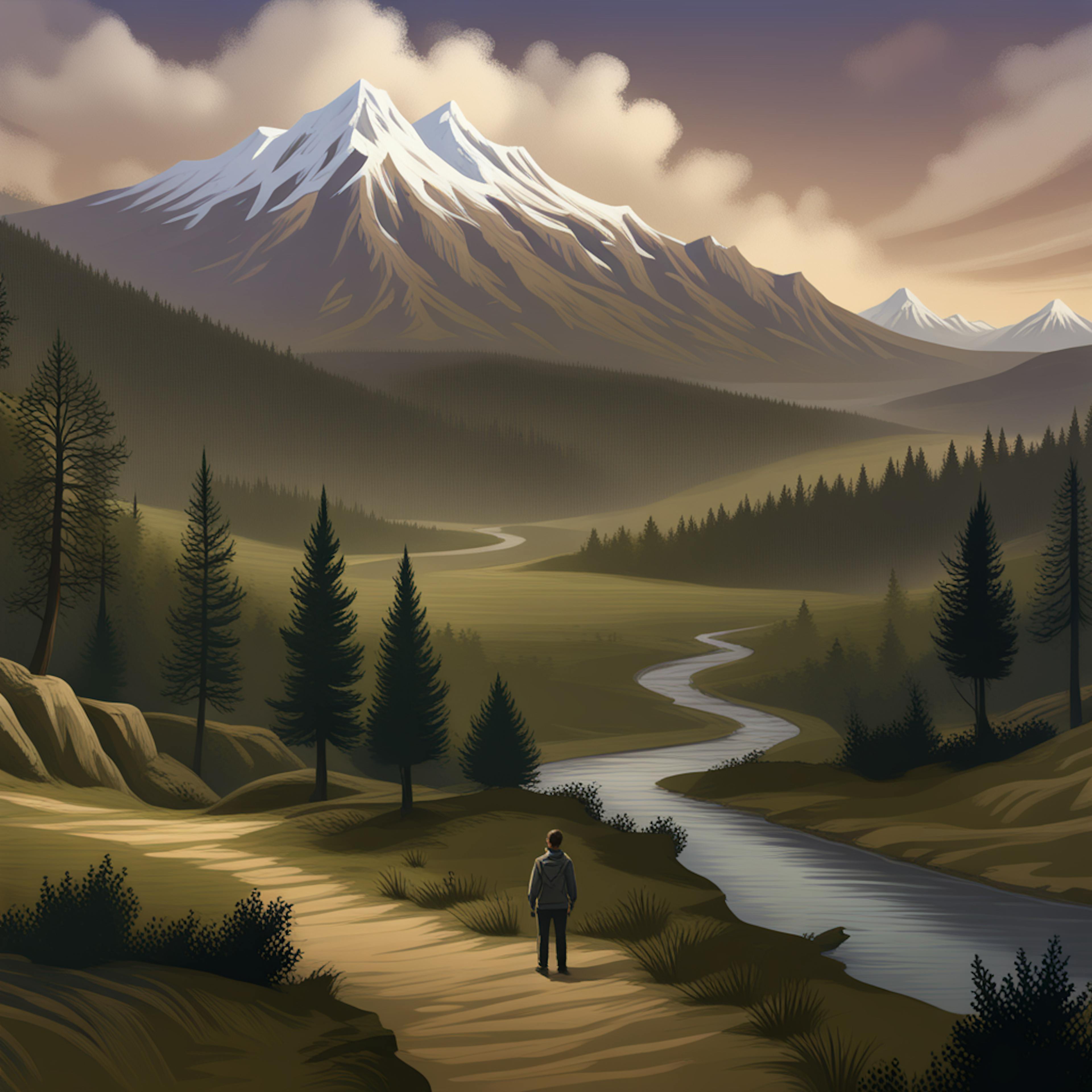 A tranquil scene showcasing a lone figure walking through a valley surrounded by towering mountains and dense forests. The detailed environment highlights the use of atmospheric perspective in this type of art. Keywords: "types of art, atmospheric perspective, nature artwork."