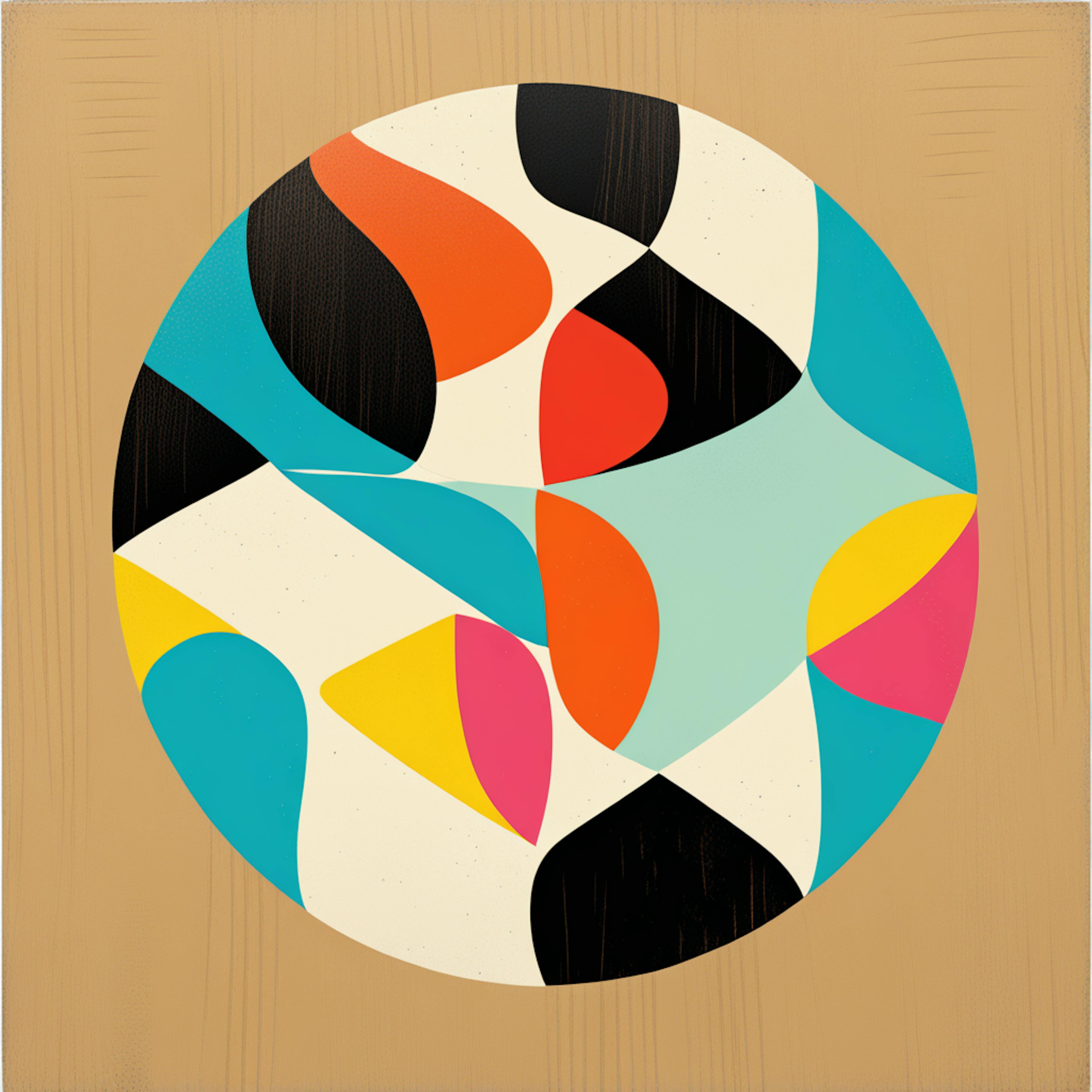 A circular motif showcasing overlapping and interlocking colorful segments, highlighting the essence of "abstract art" in a balanced geometric format.