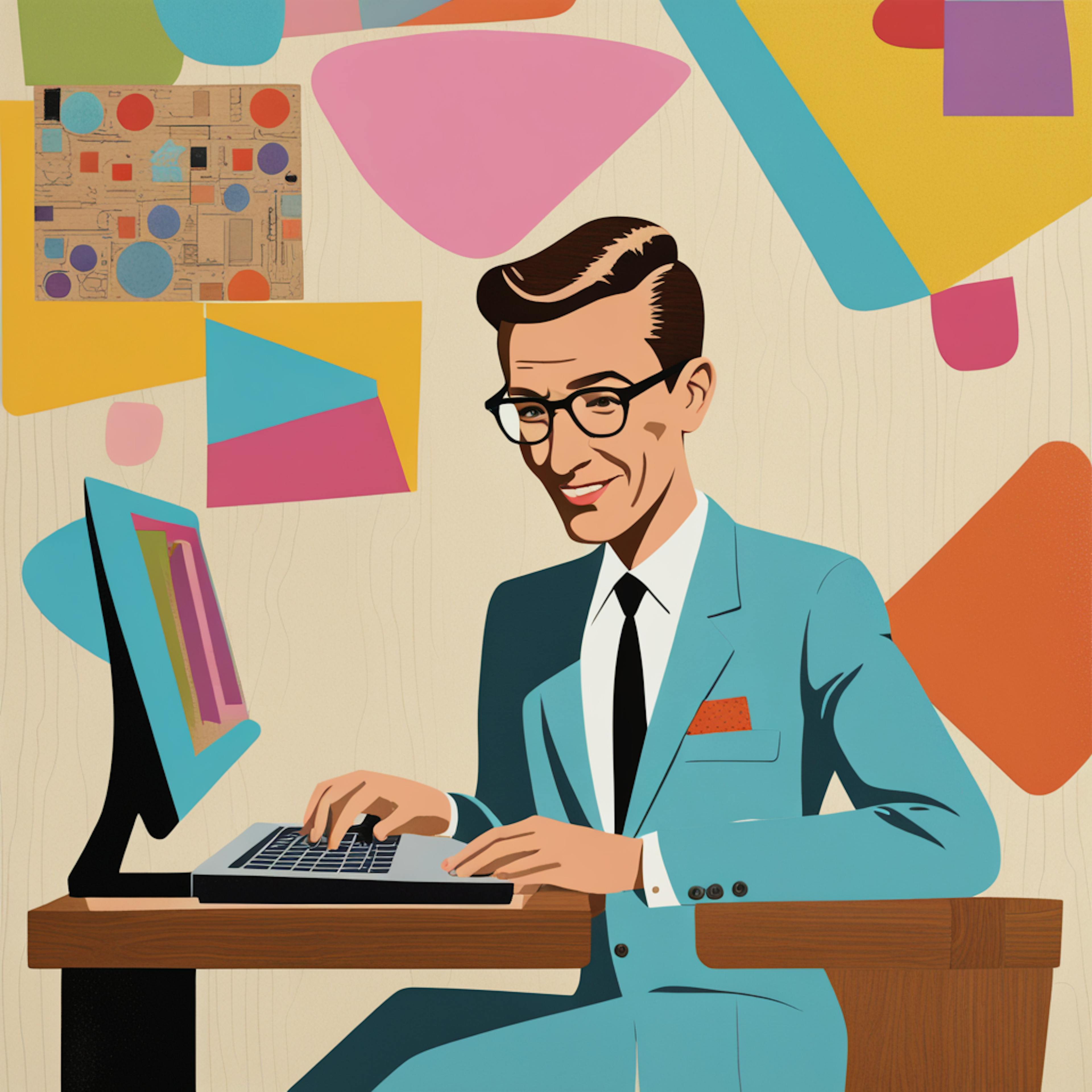 A contemporary "UI designer" illustration featuring a professional at a sleek workspace, surrounded by abstract shapes and vibrant colors, symbolizing creativity and modern design processes.