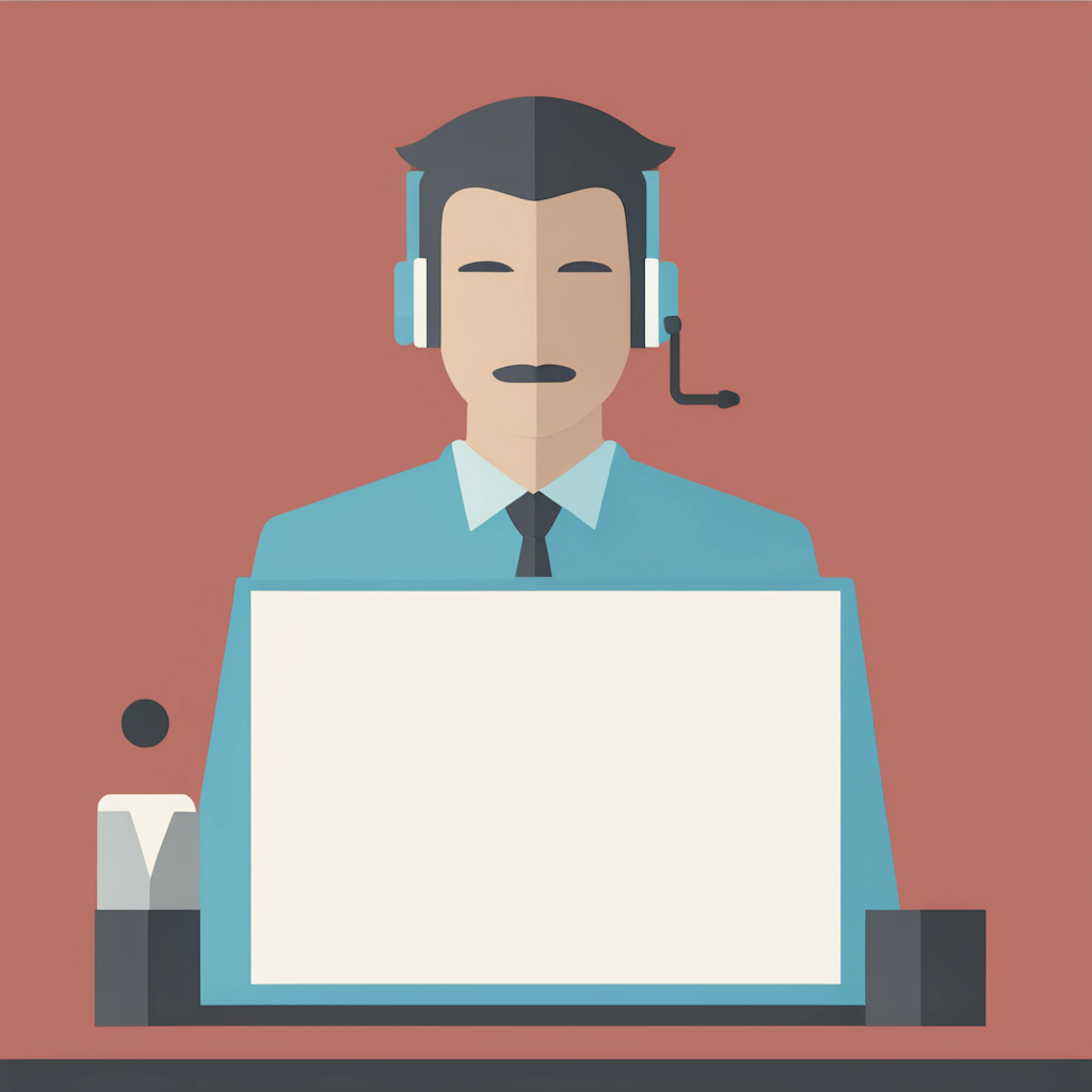 A flat design illustration of a customer support agent wearing a headset and working on a laptop, symbolizing efficient "user-generated content" monitoring.