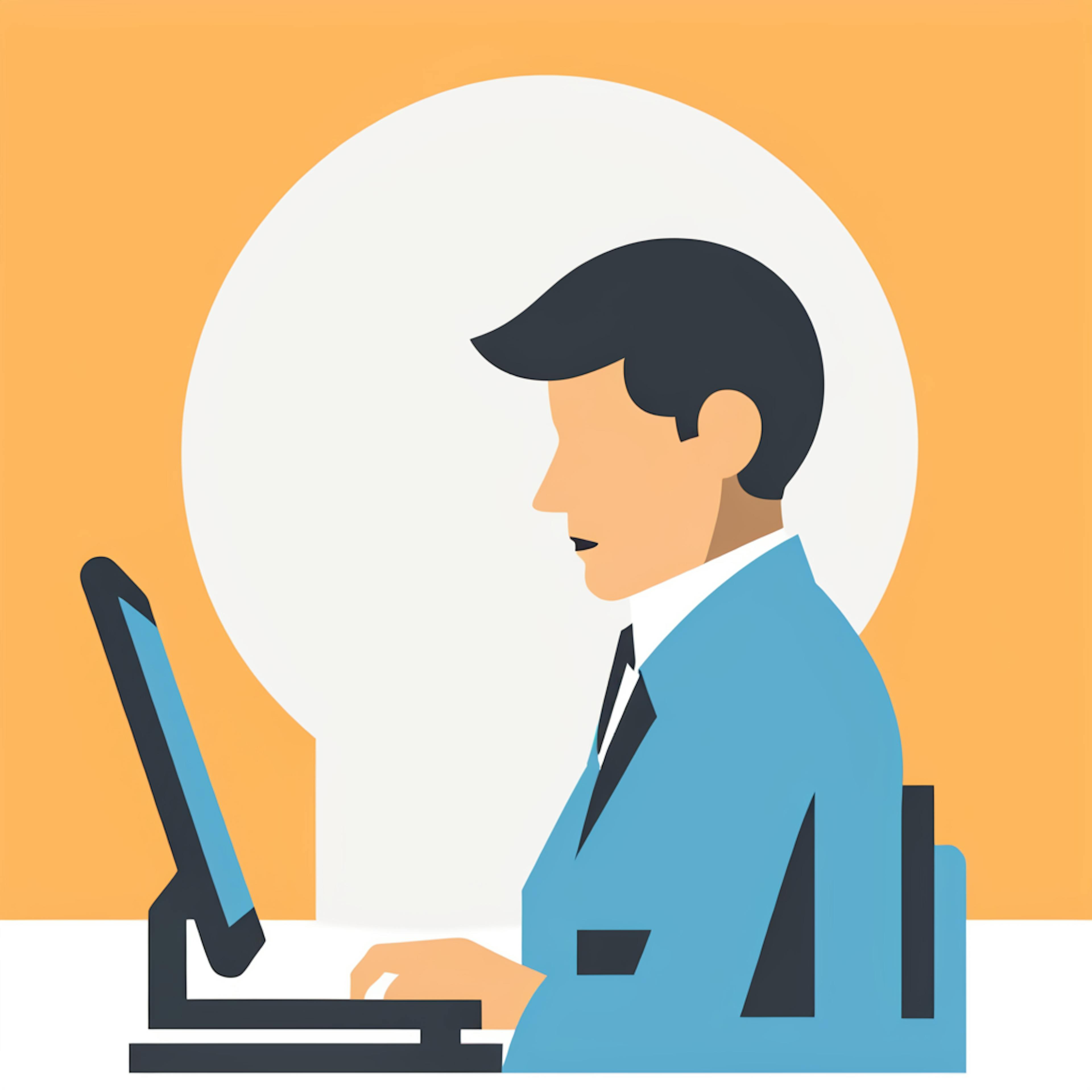 A professional flat illustration of a man in formal attire working on a laptop, with a bright background, representing the creation of authentic "user-generated content."