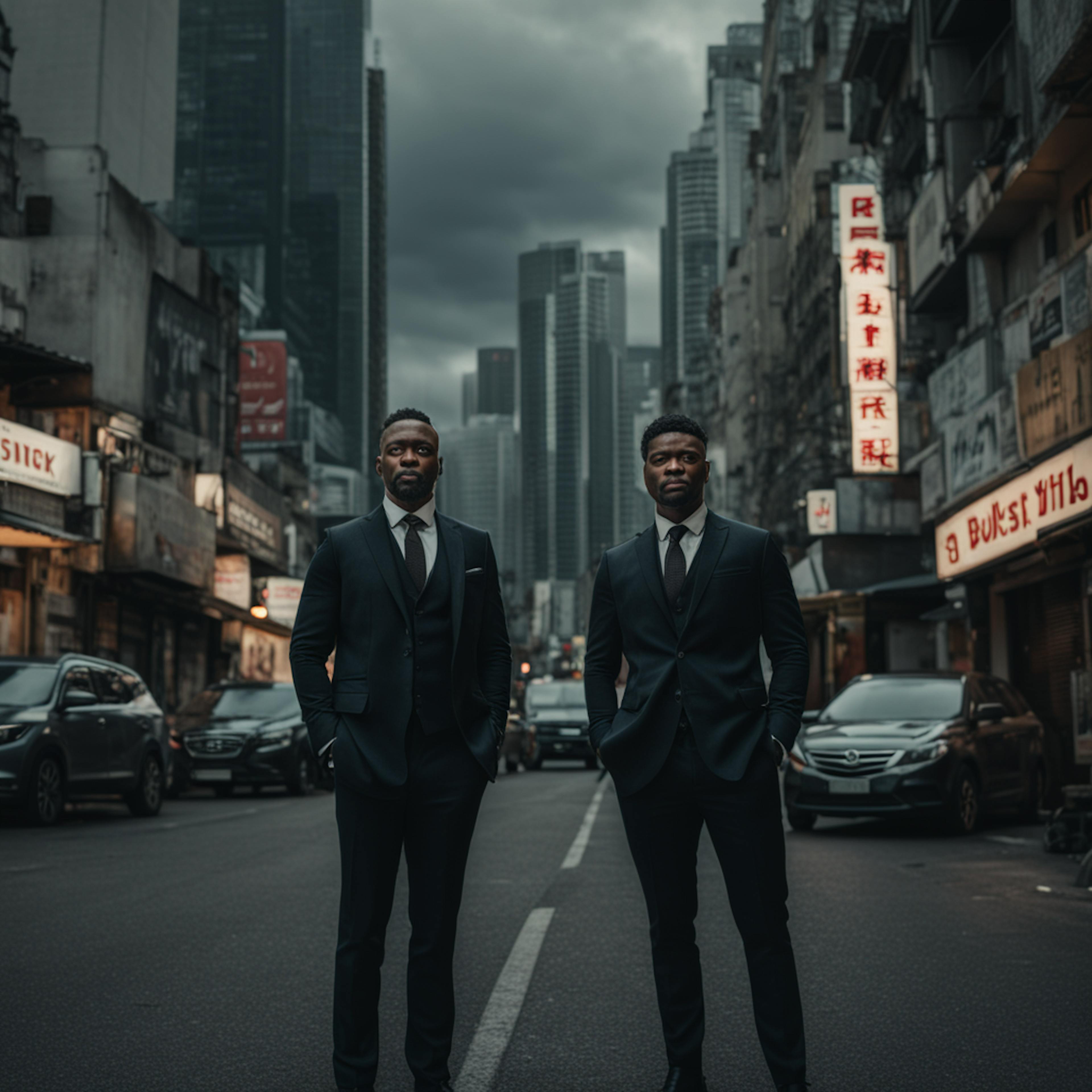 Two businessmen in tailored suits, posing on a city street lined with vibrant signs and skyscrapers, representing "what is a portfolio" in the context of professional partnerships and investments.