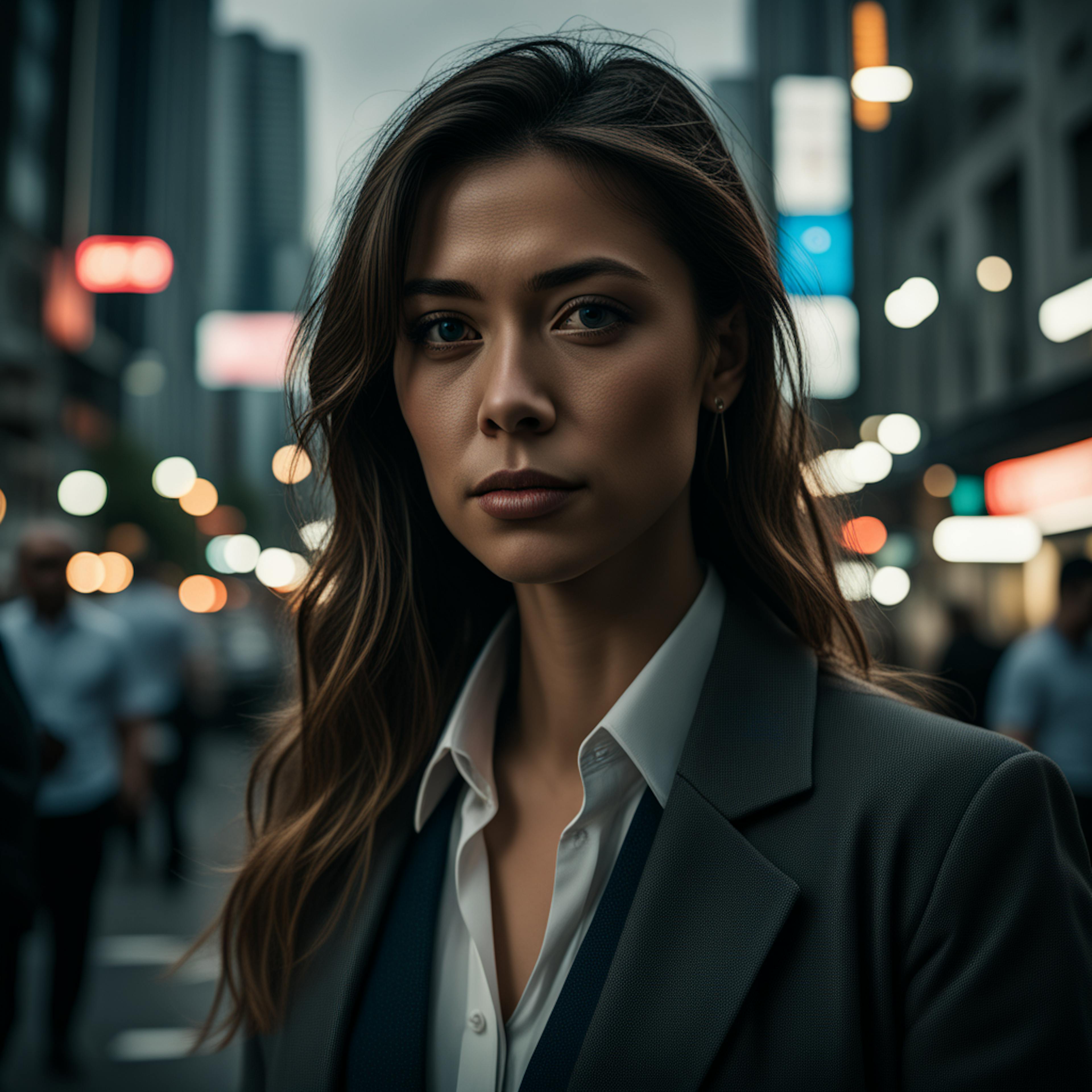 A professional woman in a business suit, standing confidently on a busy city street with blurred lights in the background, symbolizing "what is a portfolio" in a modern urban setting.