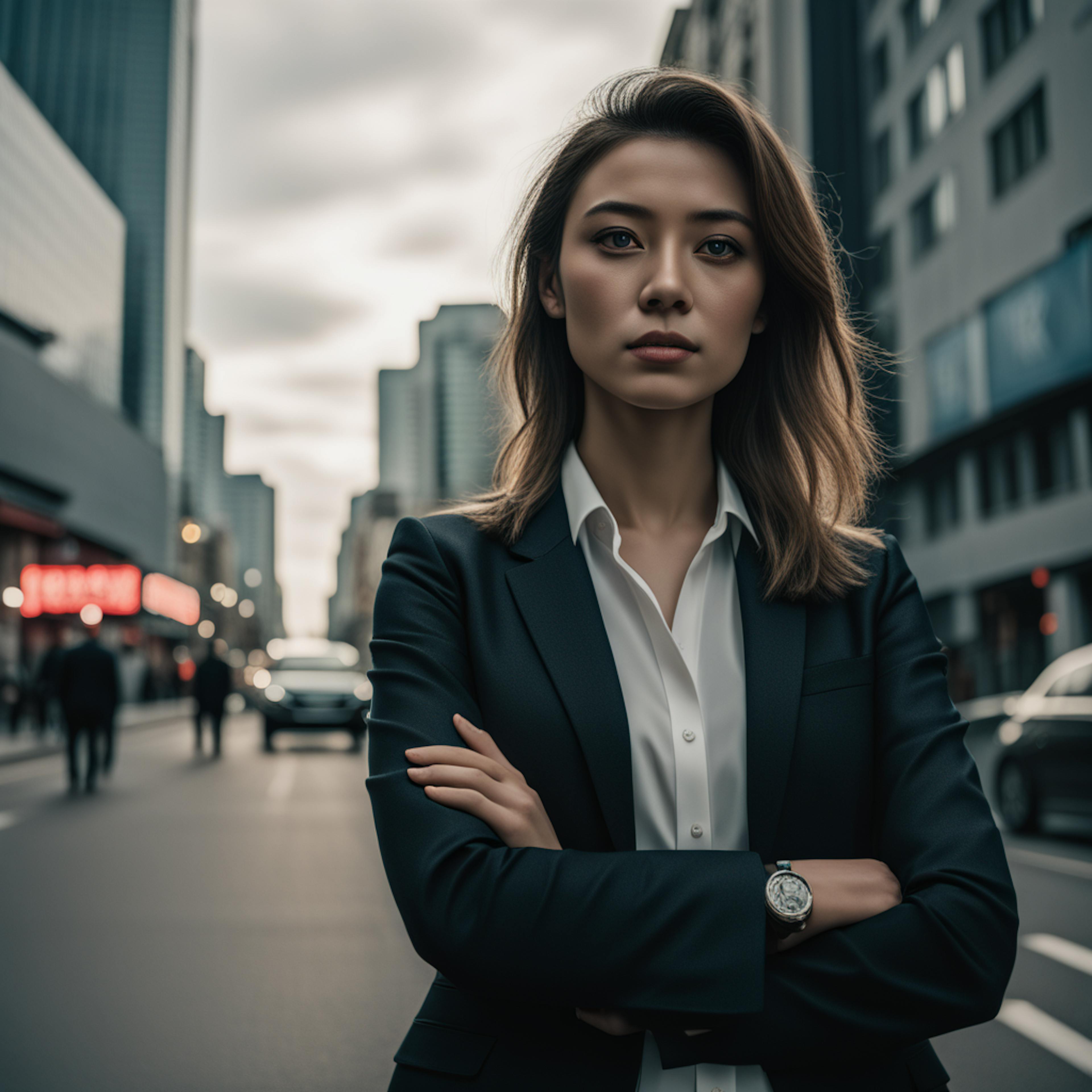 A professional woman in a business suit, standing confidently on a busy city street with blurred lights in the background, symbolizing "what is a portfolio" in a modern urban setting.