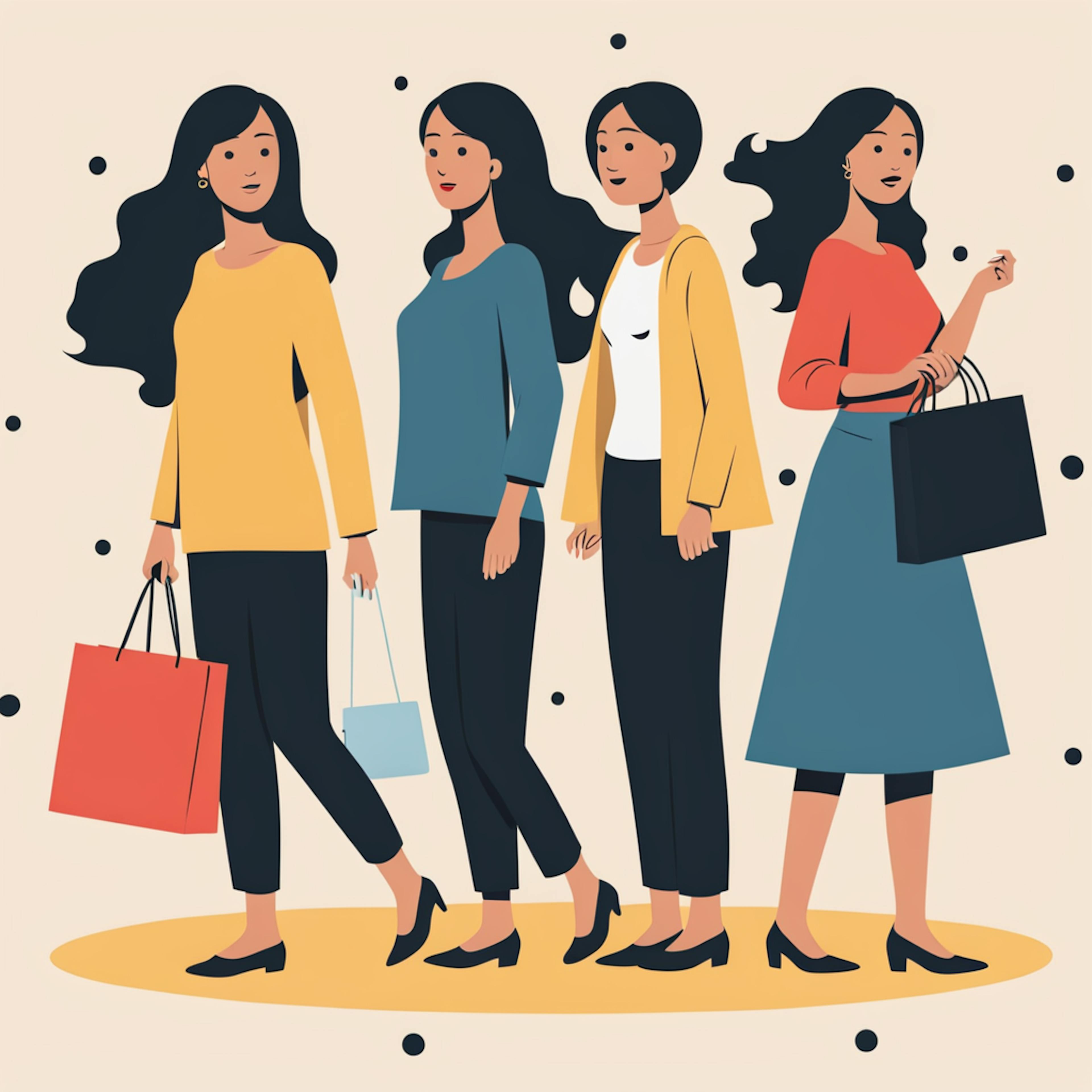 An illustration depicting four women shopping, symbolizing diverse customer behaviors and preferences, under the concept of "what is brand loyalty."